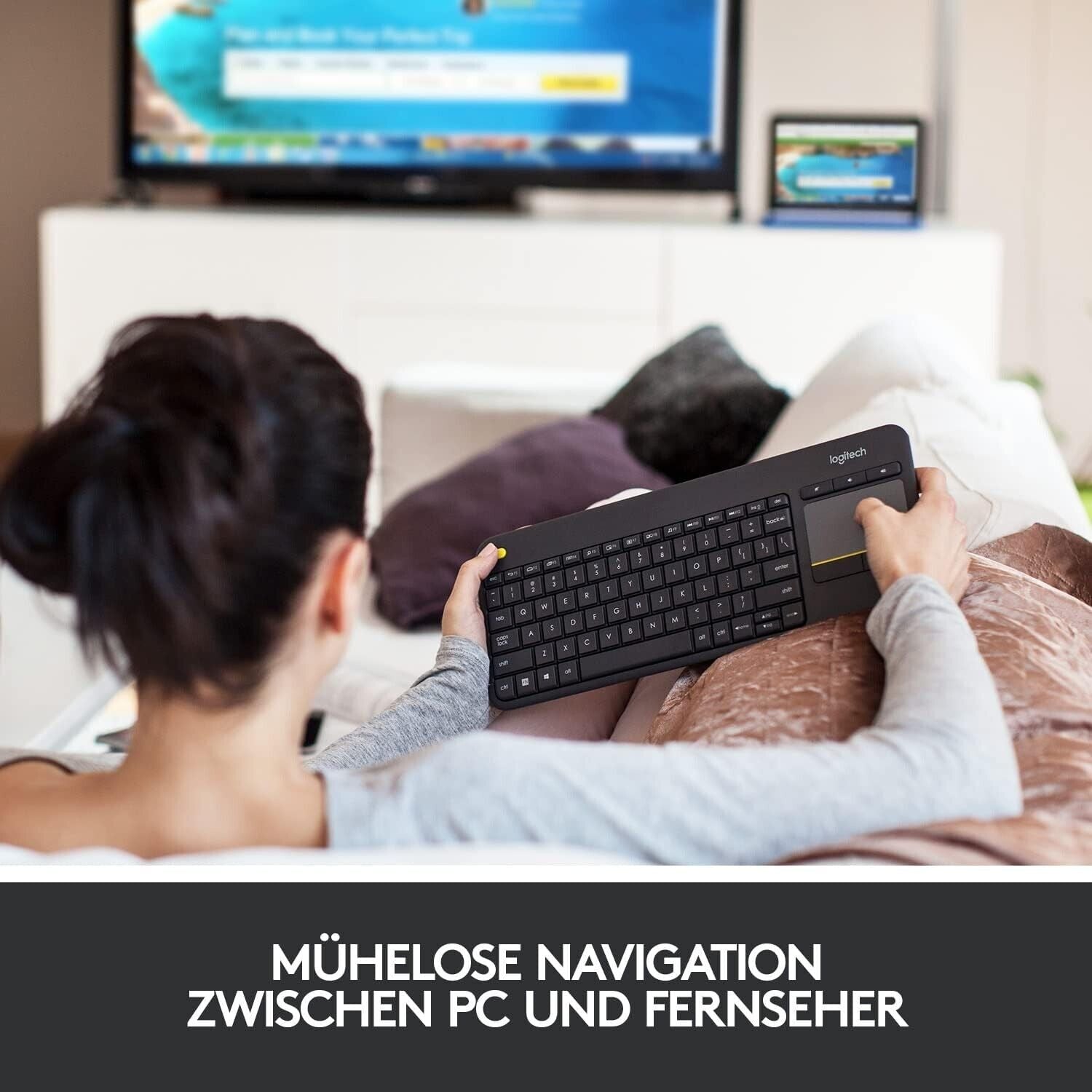 Logitech K400 Plus Kabellose Touch-TV-Tastatur mit integriertem Touchpad, Deutsches QWERTZ-Layout, Schwarz