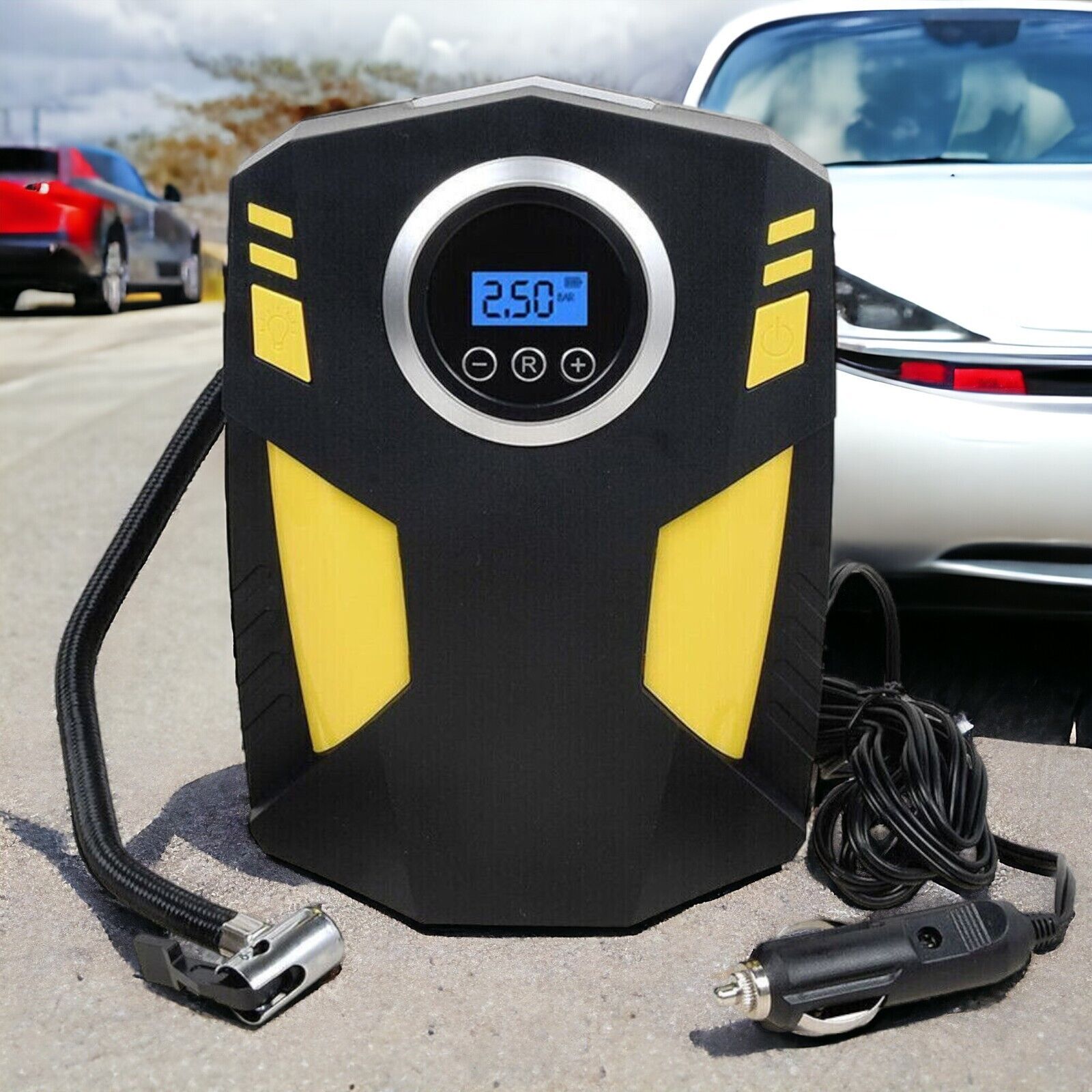 Tragbarer 12V Luftkompressor 150PSI – Digitale Auto Luftpumpe mit LED Notlicht, Manometer & 3 Düsenadaptern – Für Auto, Fahrrad, Motorrad & Ball
