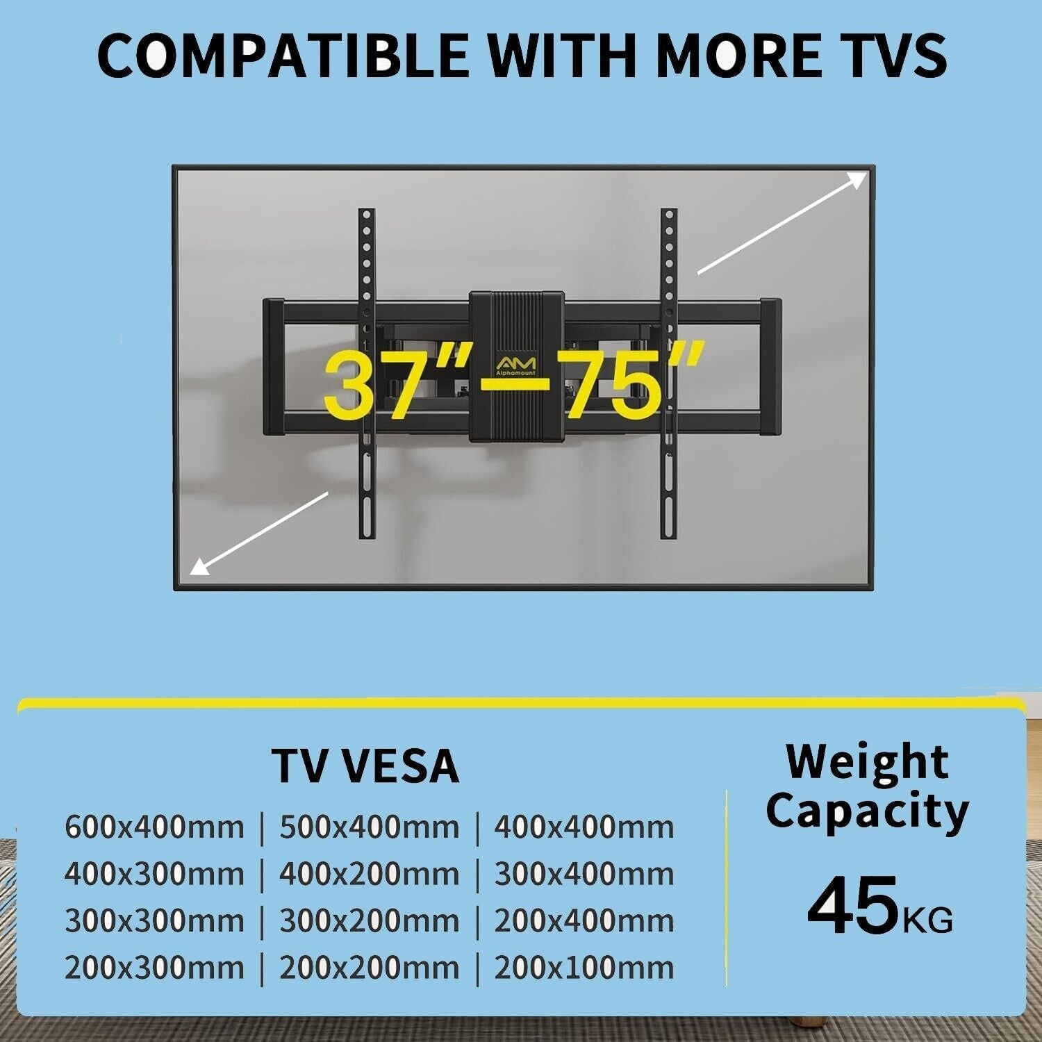 Alphamount TV Wall Mount Swivel for 37-75 inch TVs, Tilt Extendable