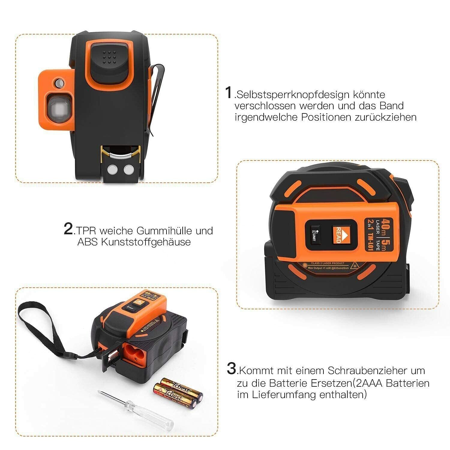 Tacklife TM-L01 Laser-Entfernungsmesser 40m mit 5m Maßband – HD-Display, Magnethaken, 2-in-1 Messgerät