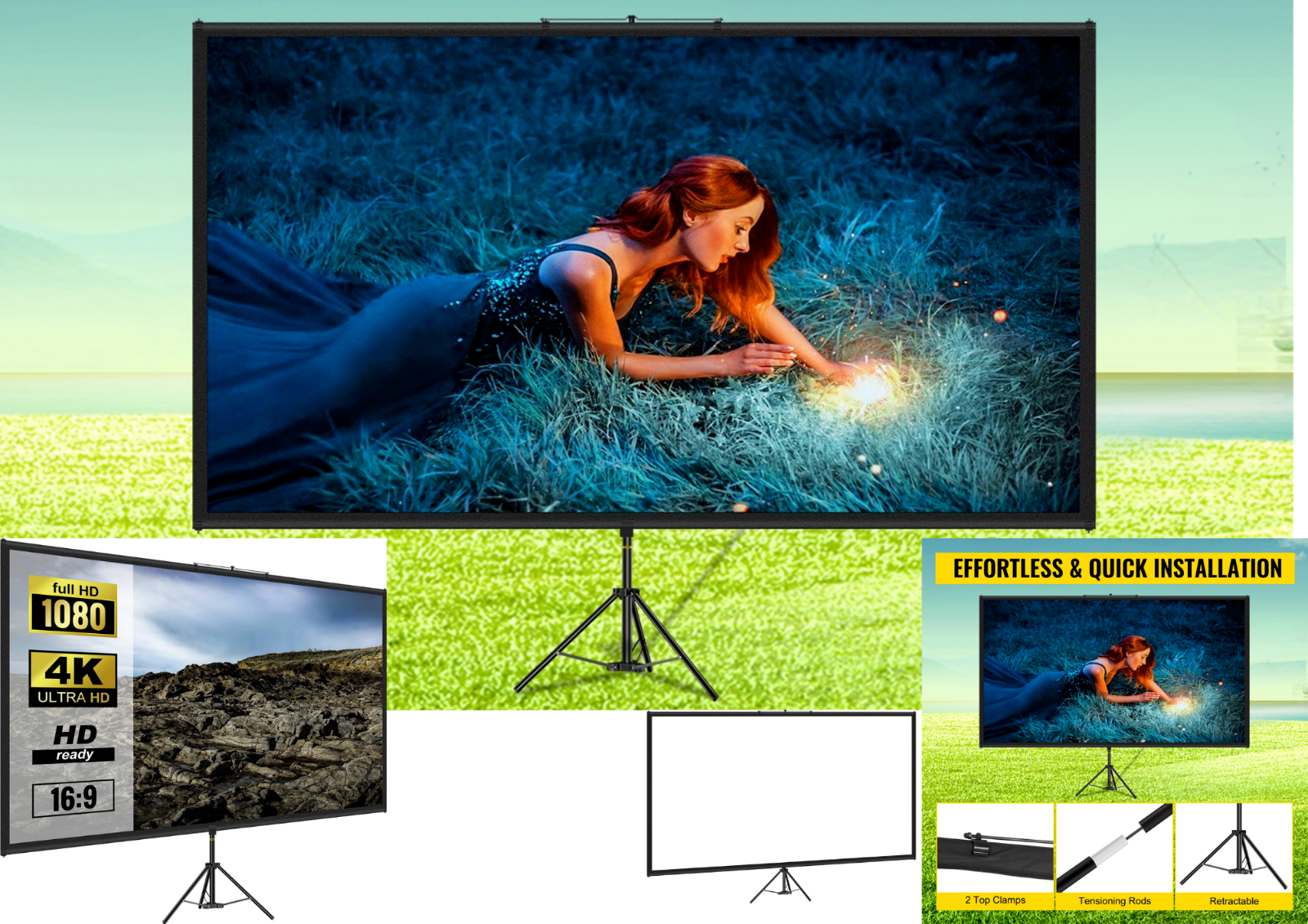 100 Zoll Beamer Leinwand mit Stativ 16:9 – Tragbare 4K HD Projektionsleinwand für Heimkino, Outdoor Kino, Camping und Präsentationen
