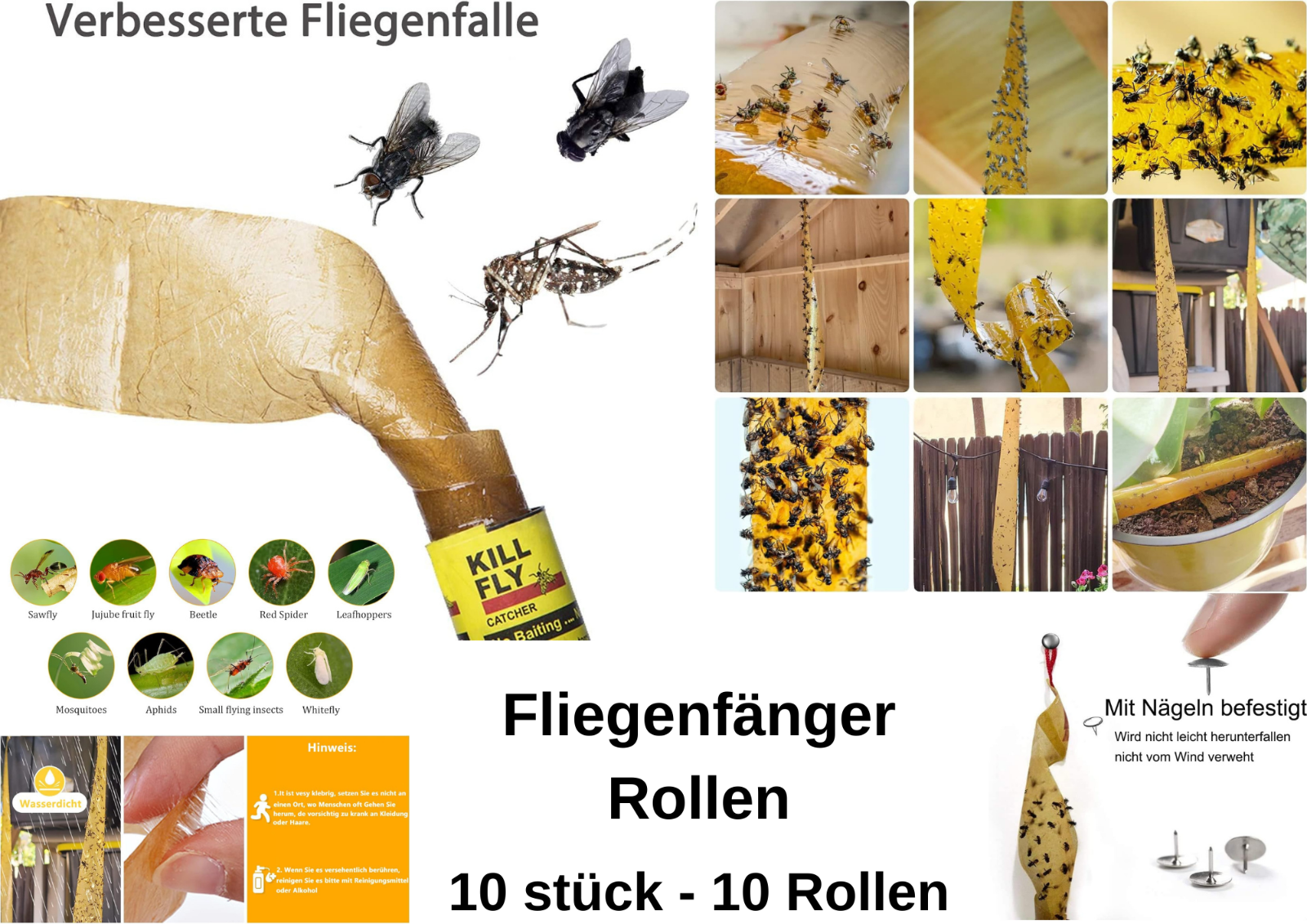 Fliegenfalle & Leimfalle für Mücken, Fruchtfliegen und Insekten – Spiralförmiger Fliegenfänger mit Duftstoff & Naturkleber, doppelseitig klebend