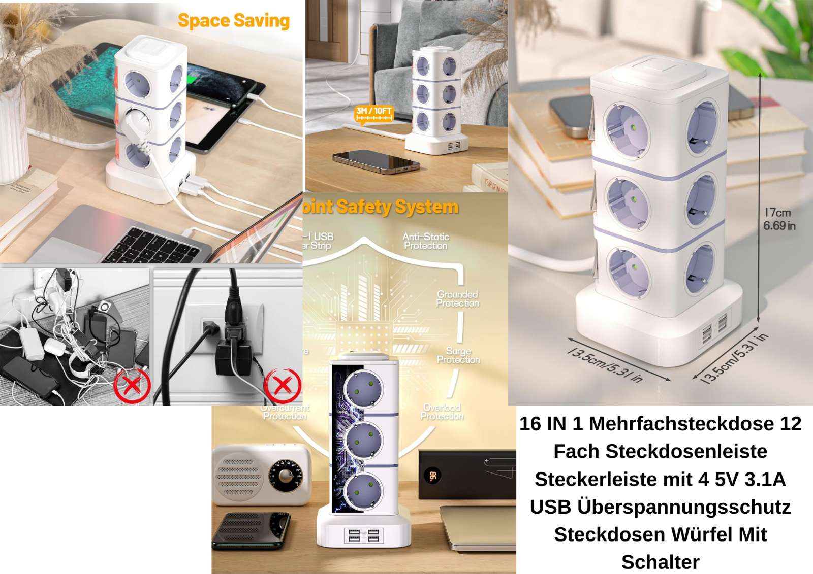 12 Fach Steckdosenturm mit USB A & USB C, Überspannungsschutz, 2500W Mehrfachsteckdose für Büro & Zuhause