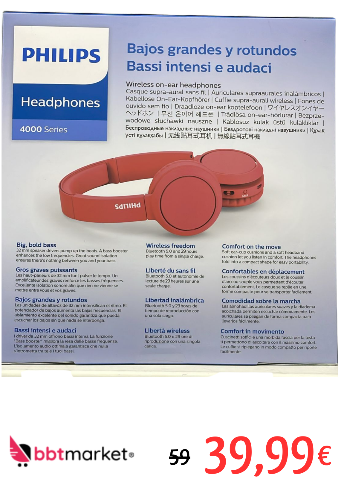 Philips TAH4205RD/00 Bluetooth On-Ear Kopfhörer – 29h Akku, Bass Boost, Faltbar, Rot