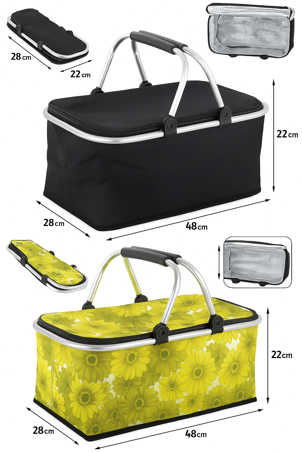 Thermo Einkaufskorb Faltbar 48x28x22cm – Isolierter Picknickkorb mit Reißverschluss & Alurahmen