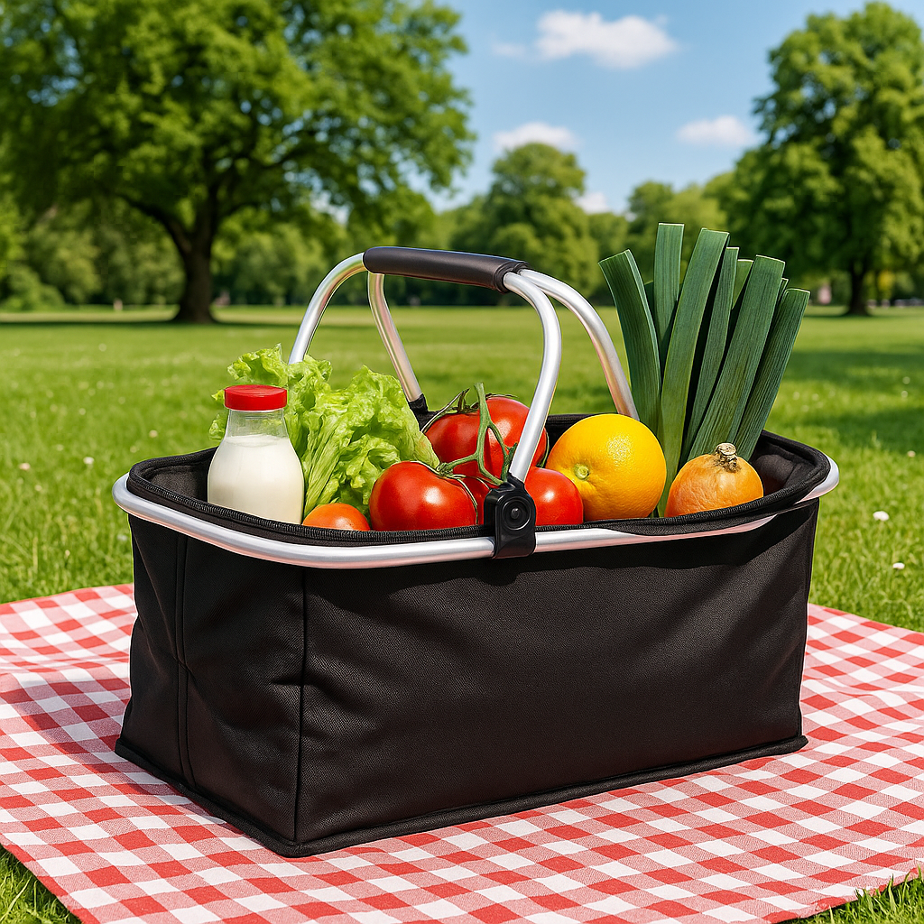 Thermo Einkaufskorb Faltbar 48x28x22cm – Isolierter Picknickkorb mit Reißverschluss & Alurahmen
