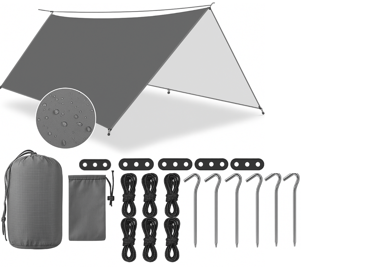 Zeltplane 3x3M Tarp wasserdicht UV Schutz Camping mit Ösen +Seile +Heringe  Grau