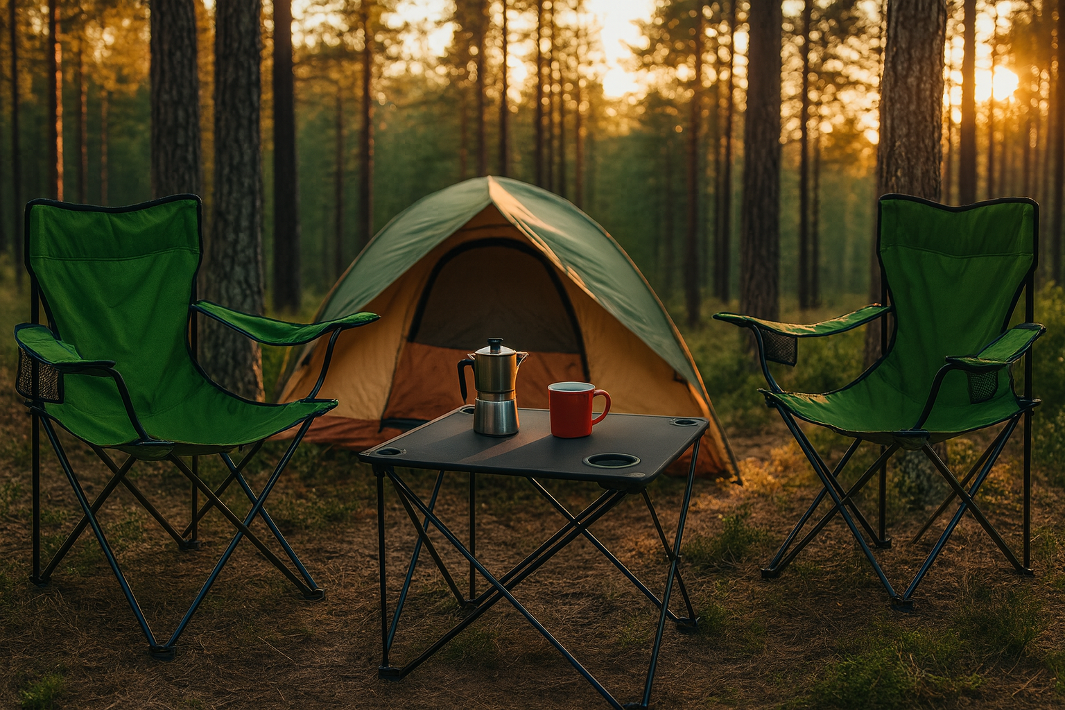 2x Klappstuhl Grün + 1x Campingtisch Schwarz Set – Faltbar mit Getränkehalter