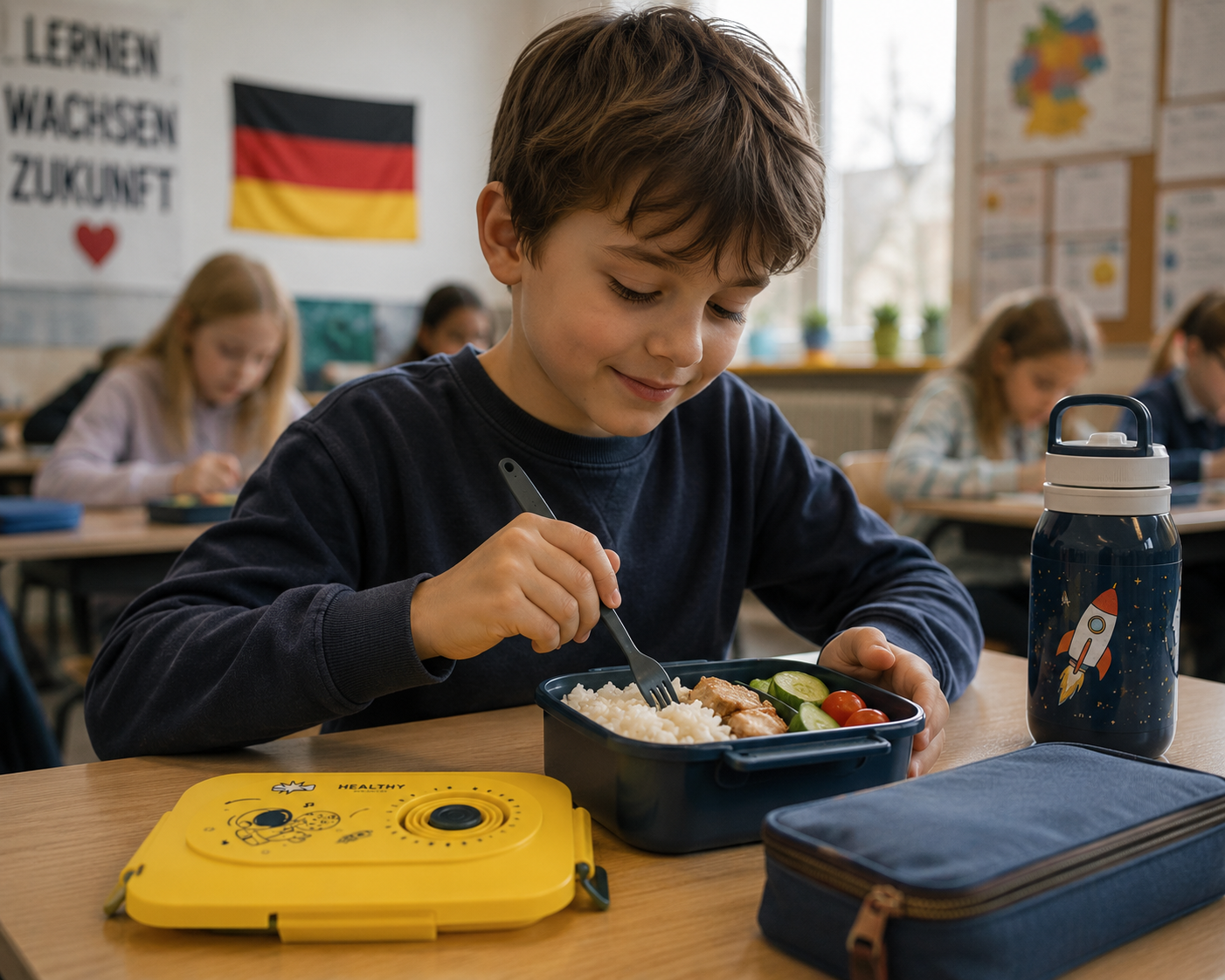Lunchbox Brotdose mit Fächern Besteck Bento Box Schule Arbeit Grün