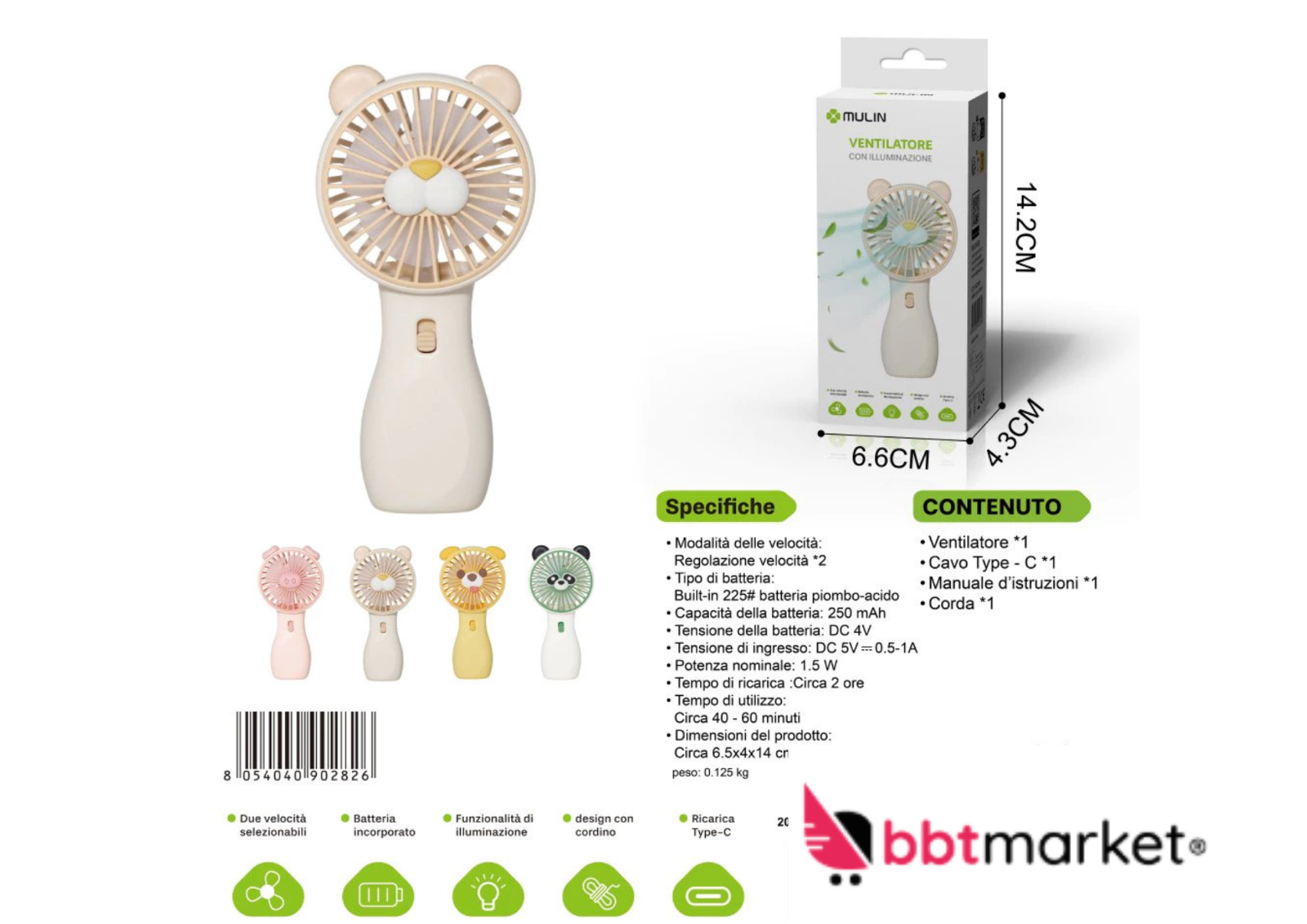 Mini USB Ventilator mit LED Licht – Wiederaufladbarer Handventilator USB-C
