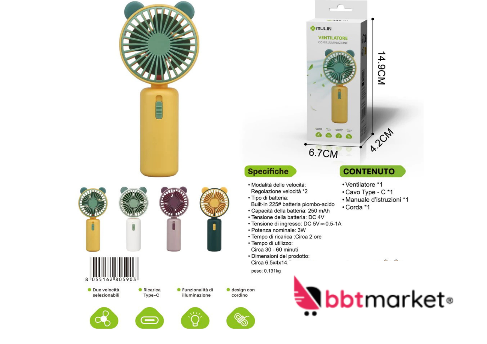 Mini USB Ventilator mit LED Beleuchtung – Wiederaufladbarer Kinderlüfter USB-C