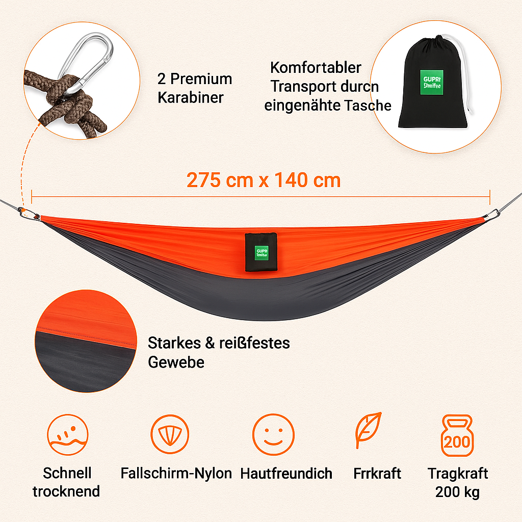 Ultraleichte Hängematte 275x140 cm – bis ca. 200 kg belastbar, inkl. Karabiner