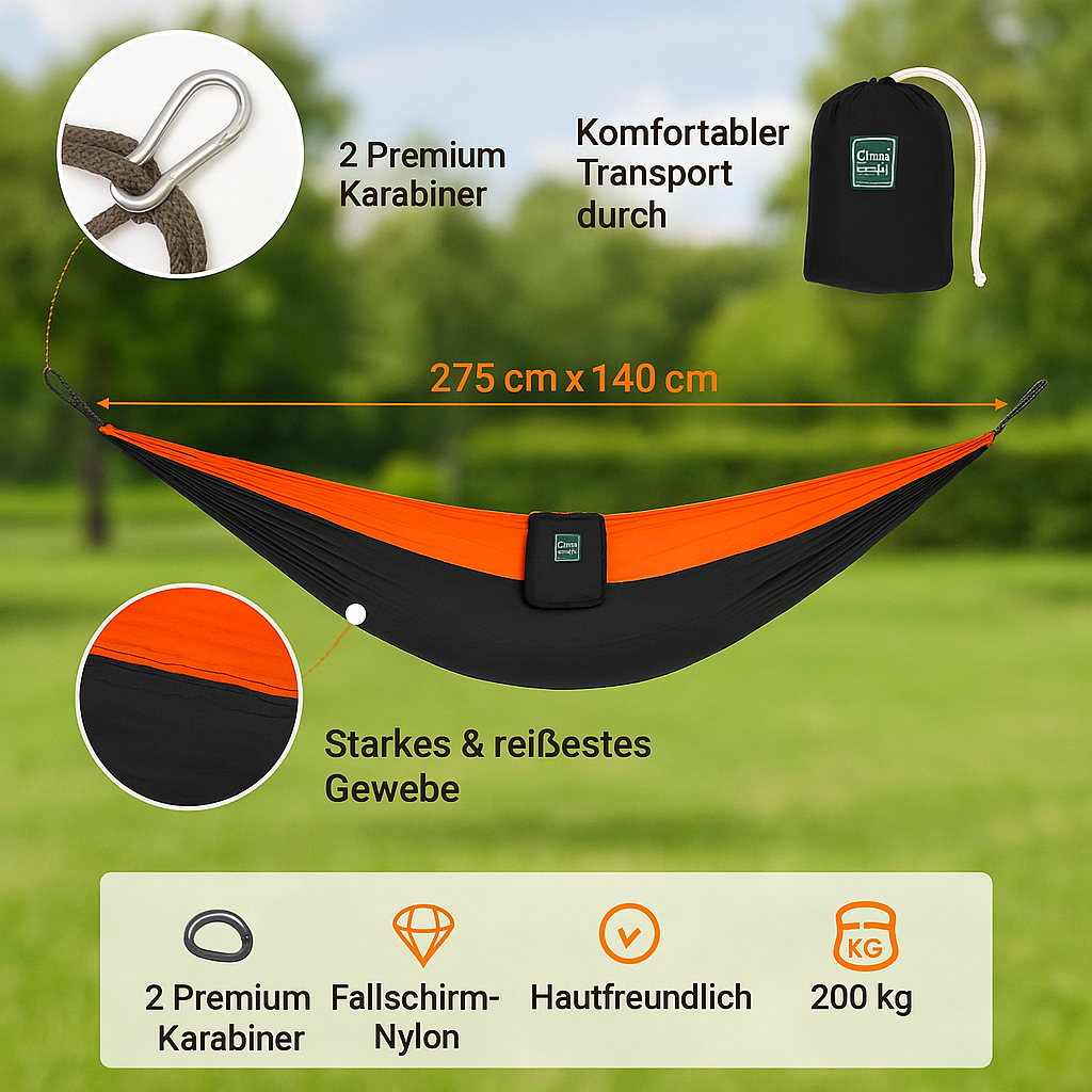 Ultraleichte Hängematte 275x140 cm – bis ca. 200 kg belastbar, inkl. Karabiner