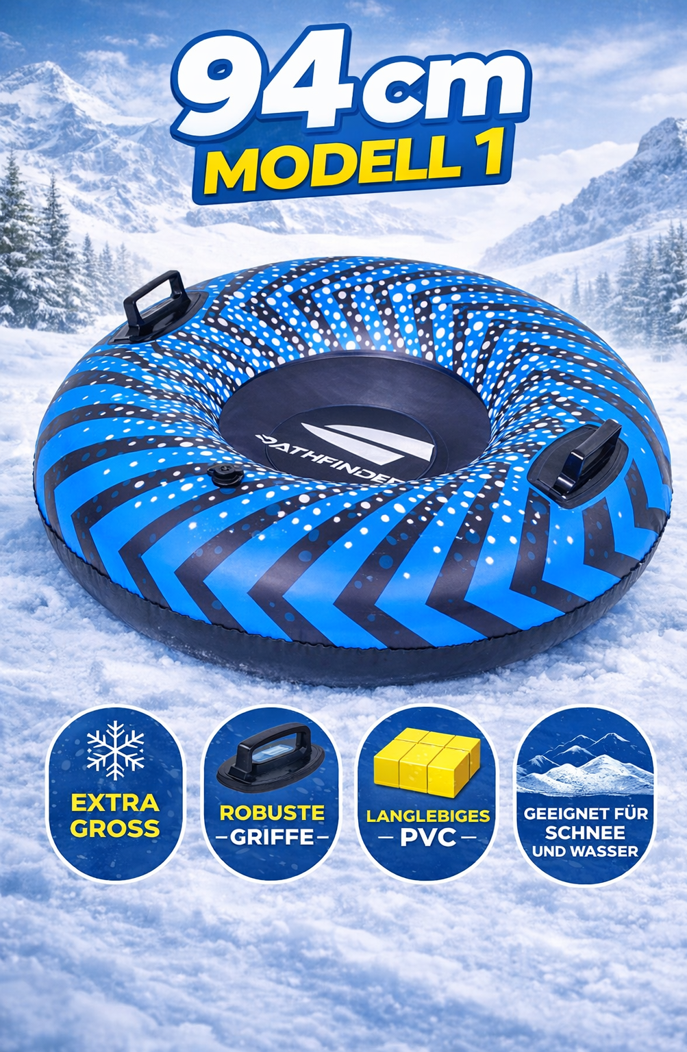 Aufblasbarer Schneereifen 94 cm Snow Tube Schwimmring mit Griffen Zugseil