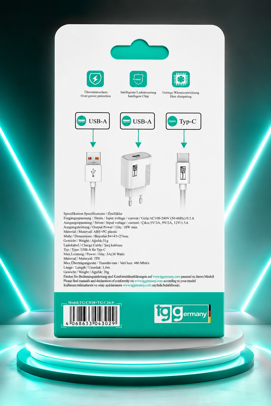 USB C Ladegerät 18W Netzteil Schnellladegerät USB-A Ladekabel 1m Typ C Set