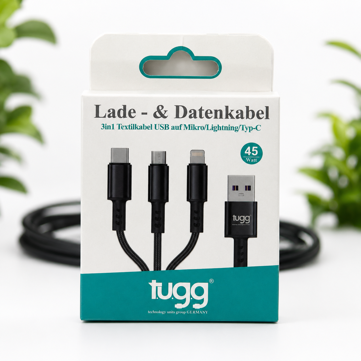 3in1 USB Ladekabel 45W USB-C 8-Pin Micro USB 1,2m Textilkabel