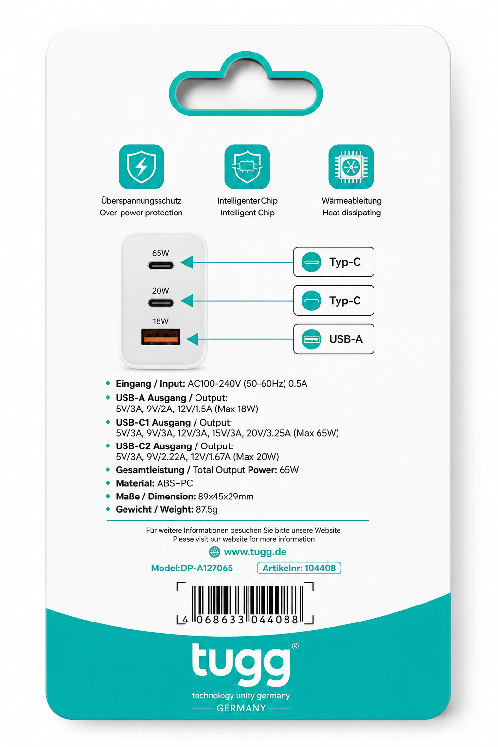 65W USB C LadC Ladegerät Schnellladegerät PD Netzteil 2x USB-C USB-A Fast Charge