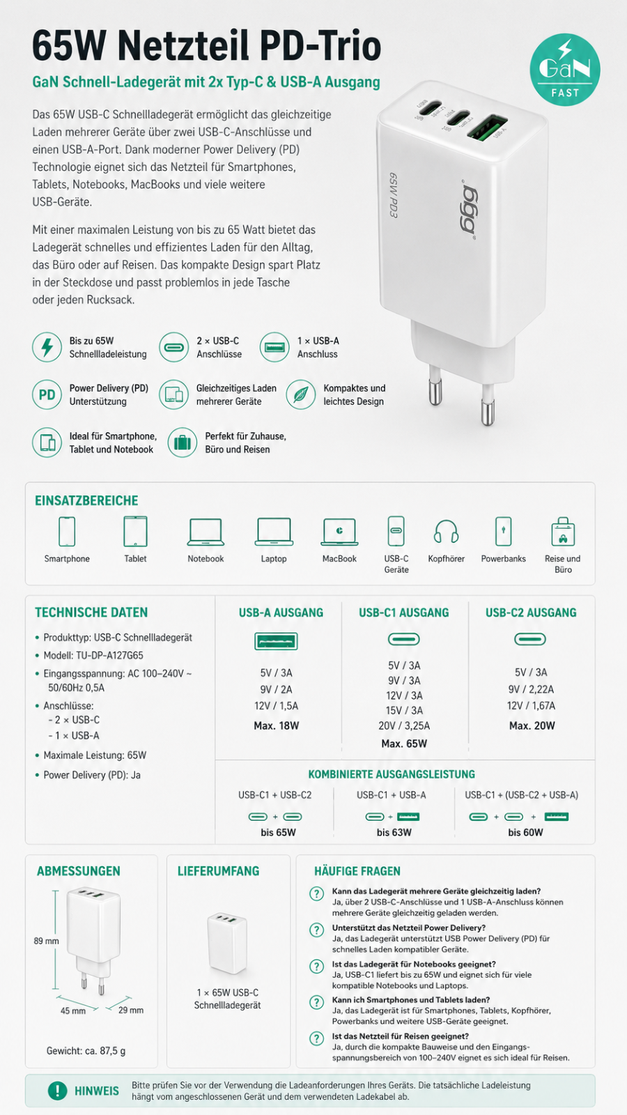 65W USB C LadC Ladegerät Schnellladegerät PD Netzteil 2x USB-C USB-A Fast Charge