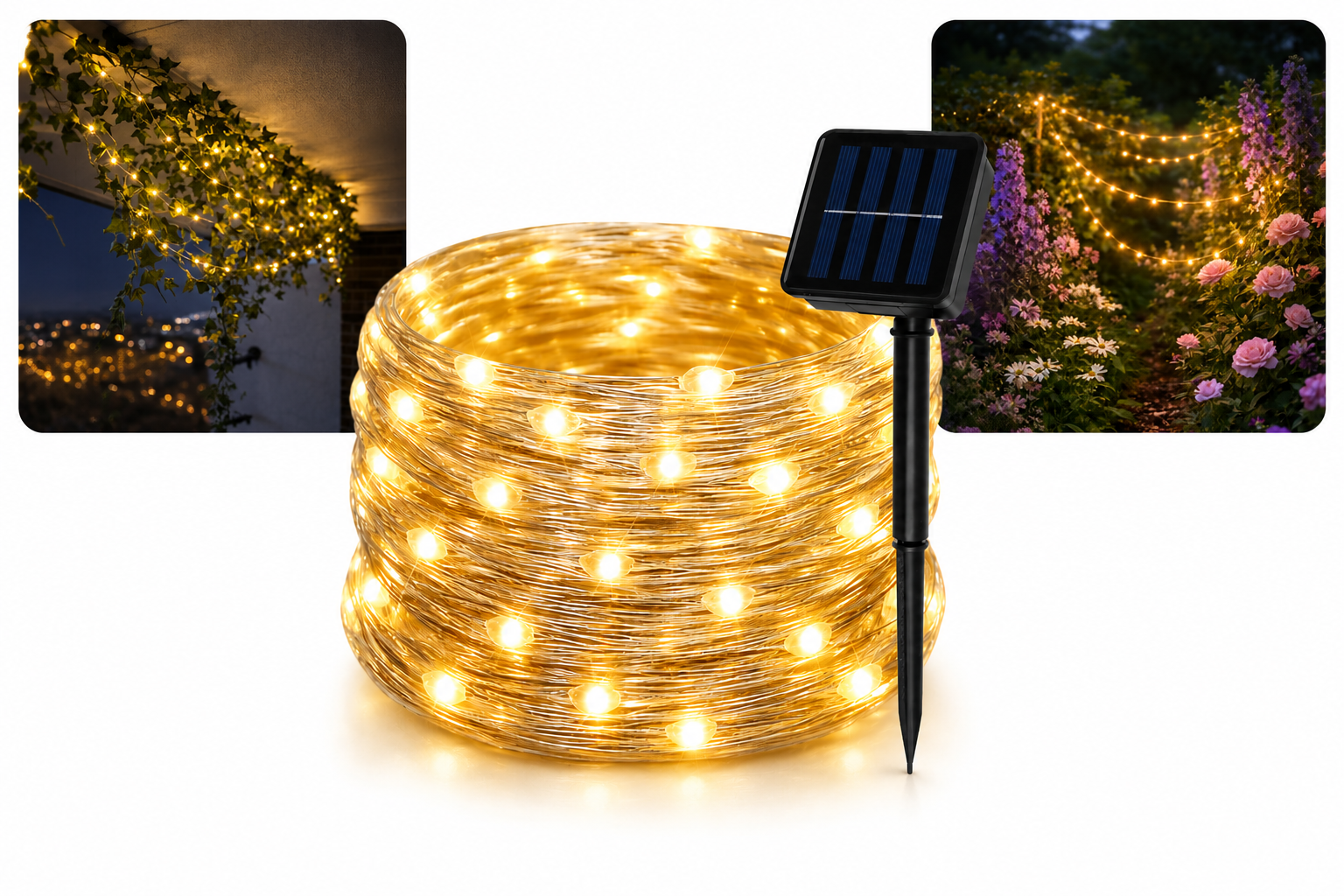 Solar Lichterkette 15m 150 LED Warmweiß IP44 Garten Balkon Terrasse 8 Modi