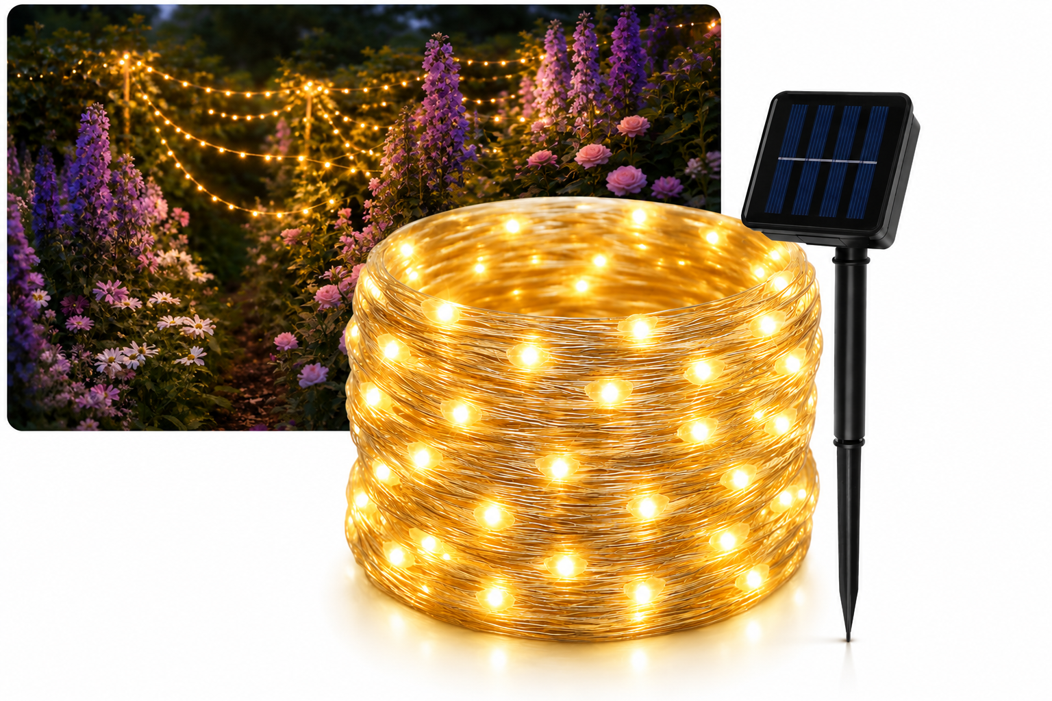 Solar Lichterkette 15m 150 LED Warmweiß IP44 Garten Balkon Terrasse 8 Modi