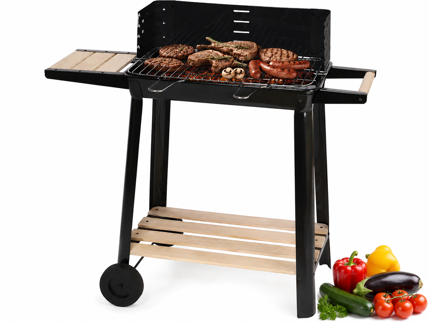 Holzkohlegrill Grillwagen BBQ Grill Höhenverstellbar Ablagen Räder Garten