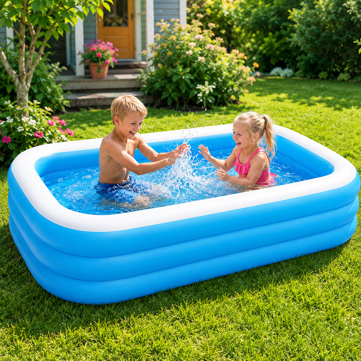 Aufblasbarer Familienpool 185x130x50cm Kinderpool Gartenpool 350L Blau