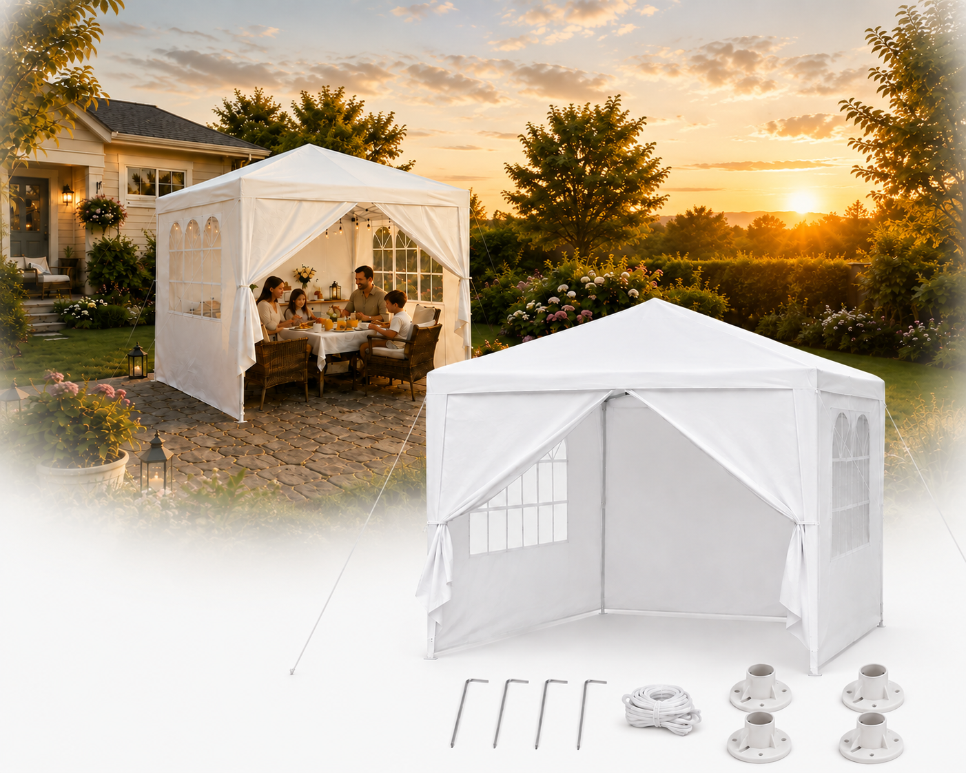 Italform Gartenpavillon 3x3 m Weiß mit 4 Seitenwänden Partyzelt Garten Pavillon