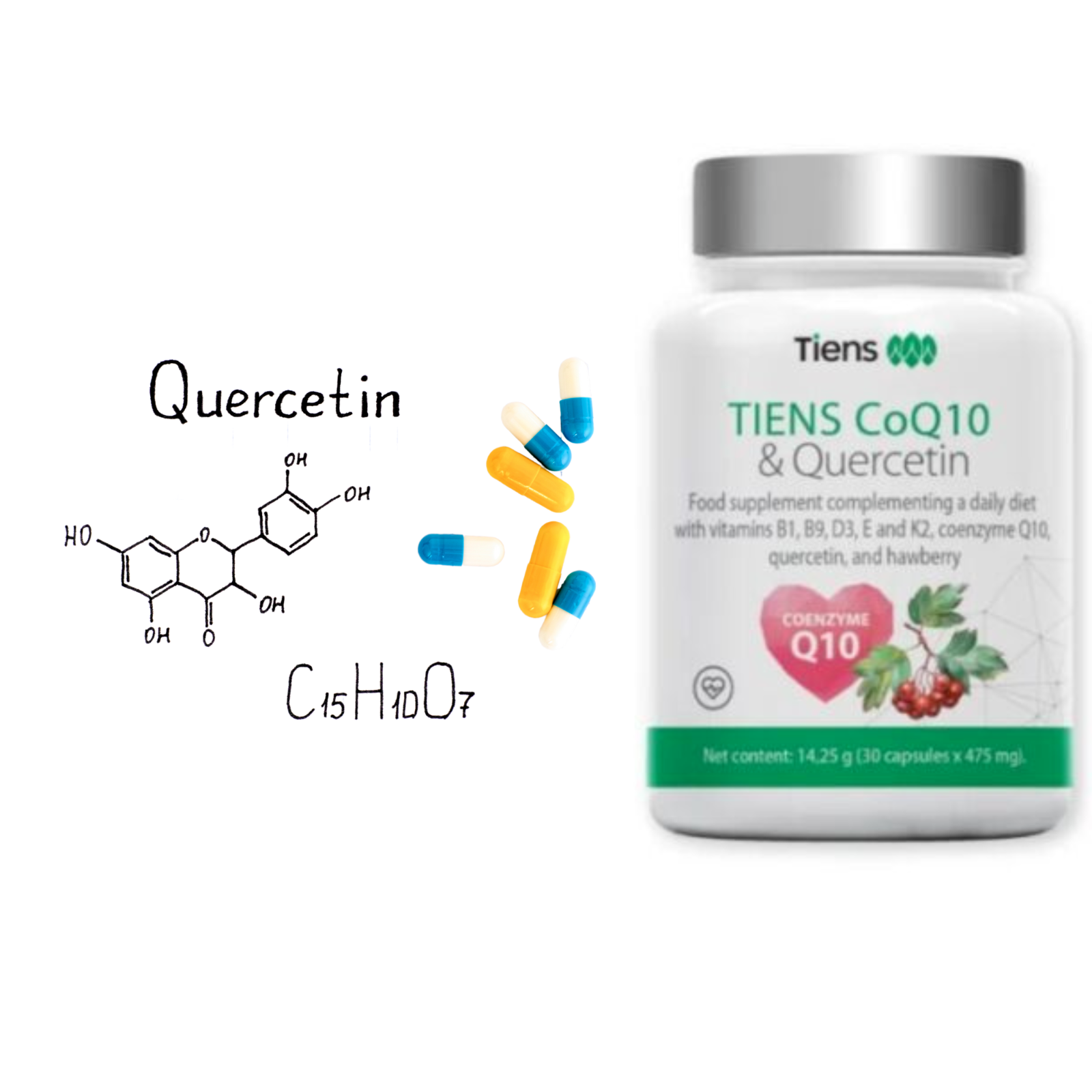 TIENS CoQ10 &amp; Qercetin with vitamins B1 B9 D3 E and K2, coenzyme Q10 &amp; hawthorn 