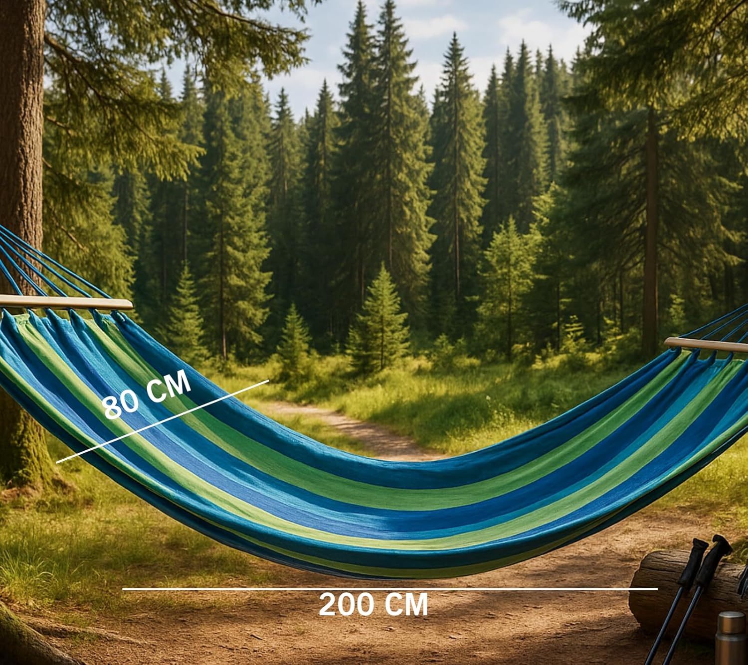 Garten Hängematte 200x80cm mit Holzstab & Seilen – Baumwolle, 150kg