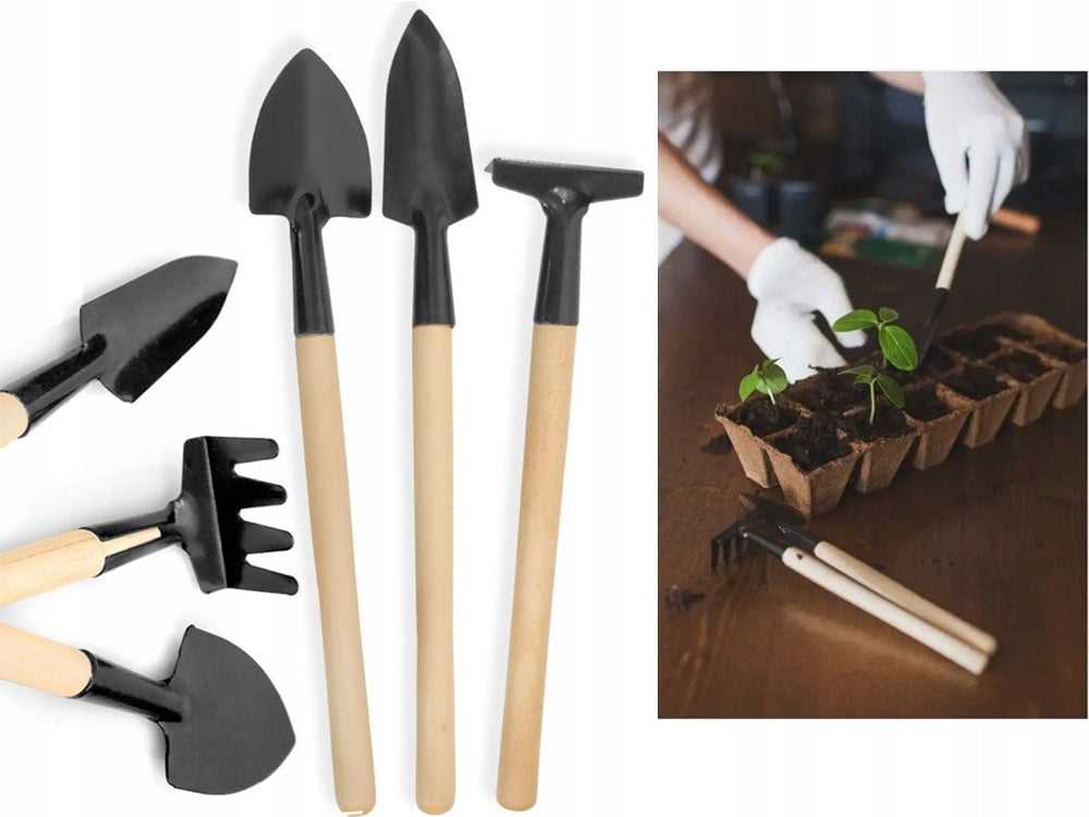 Mini Gartenwerkzeug Set 3-teilig – Schaufel Rechen Spaten für Topfpflanzen Umtopfen