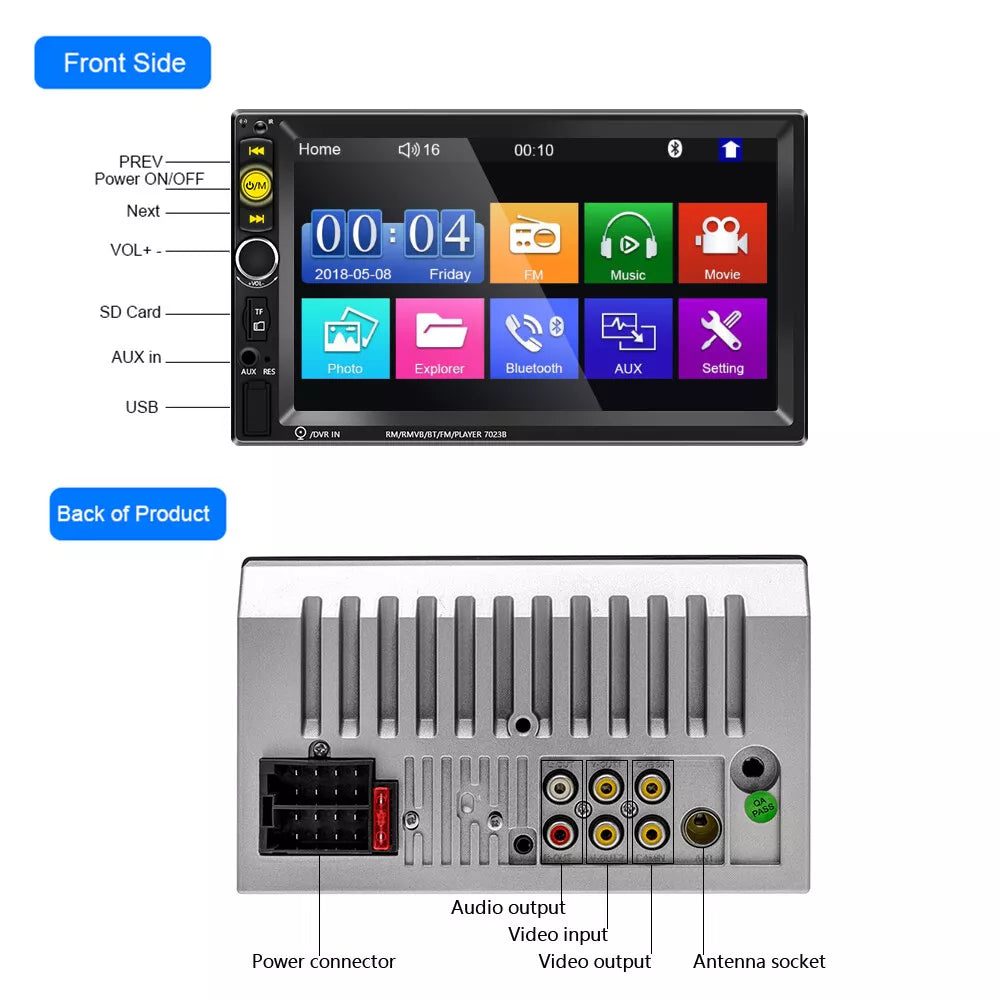 7 Zoll 2DIN Autoradio mit Bluetooth, FM, USB, AUX, MirrorLink & Rückfahrkamera