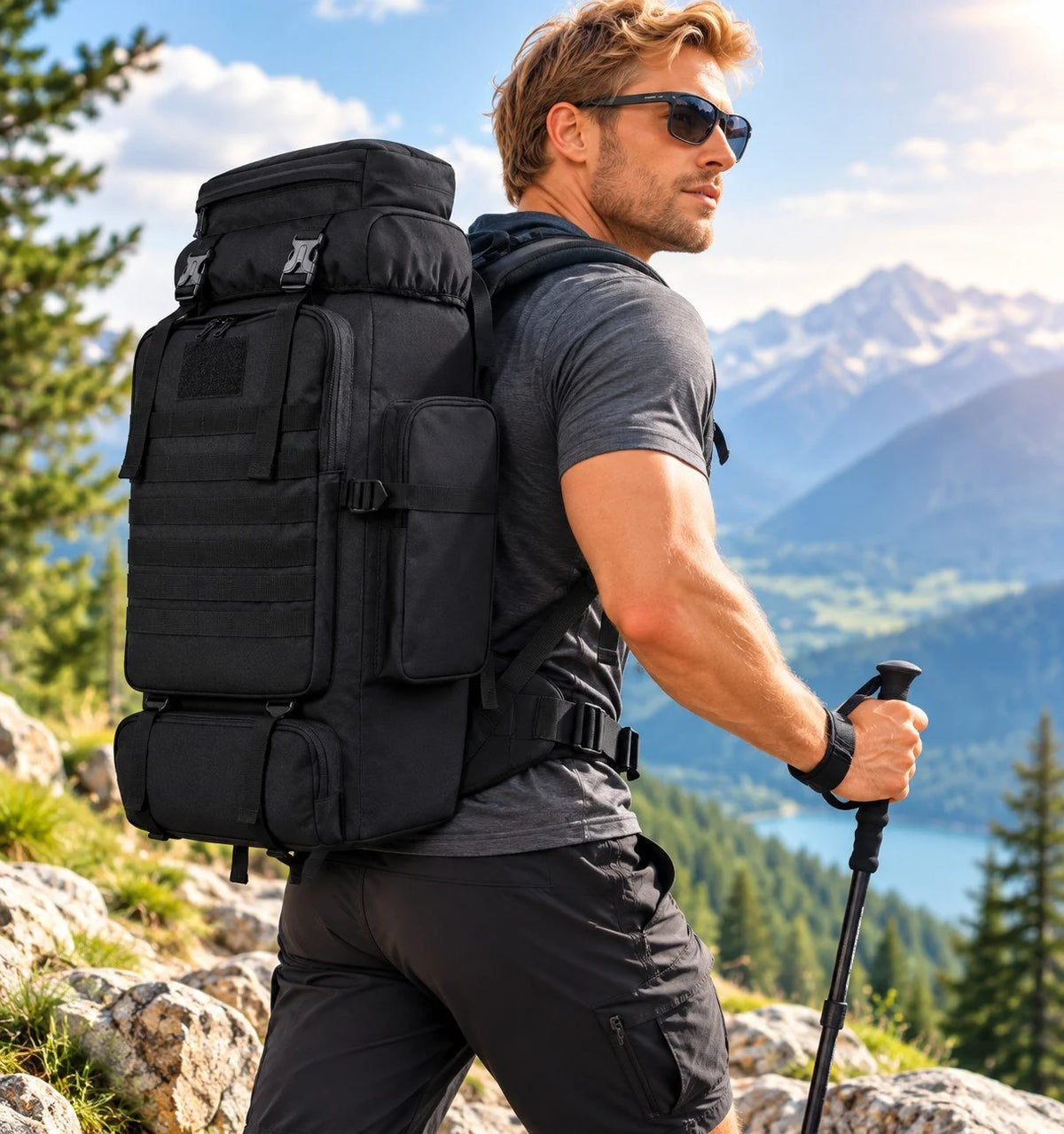 Hiking Backpack 80L Camping Rain Cover Waterproof Outdoor Sport Travel Bag 