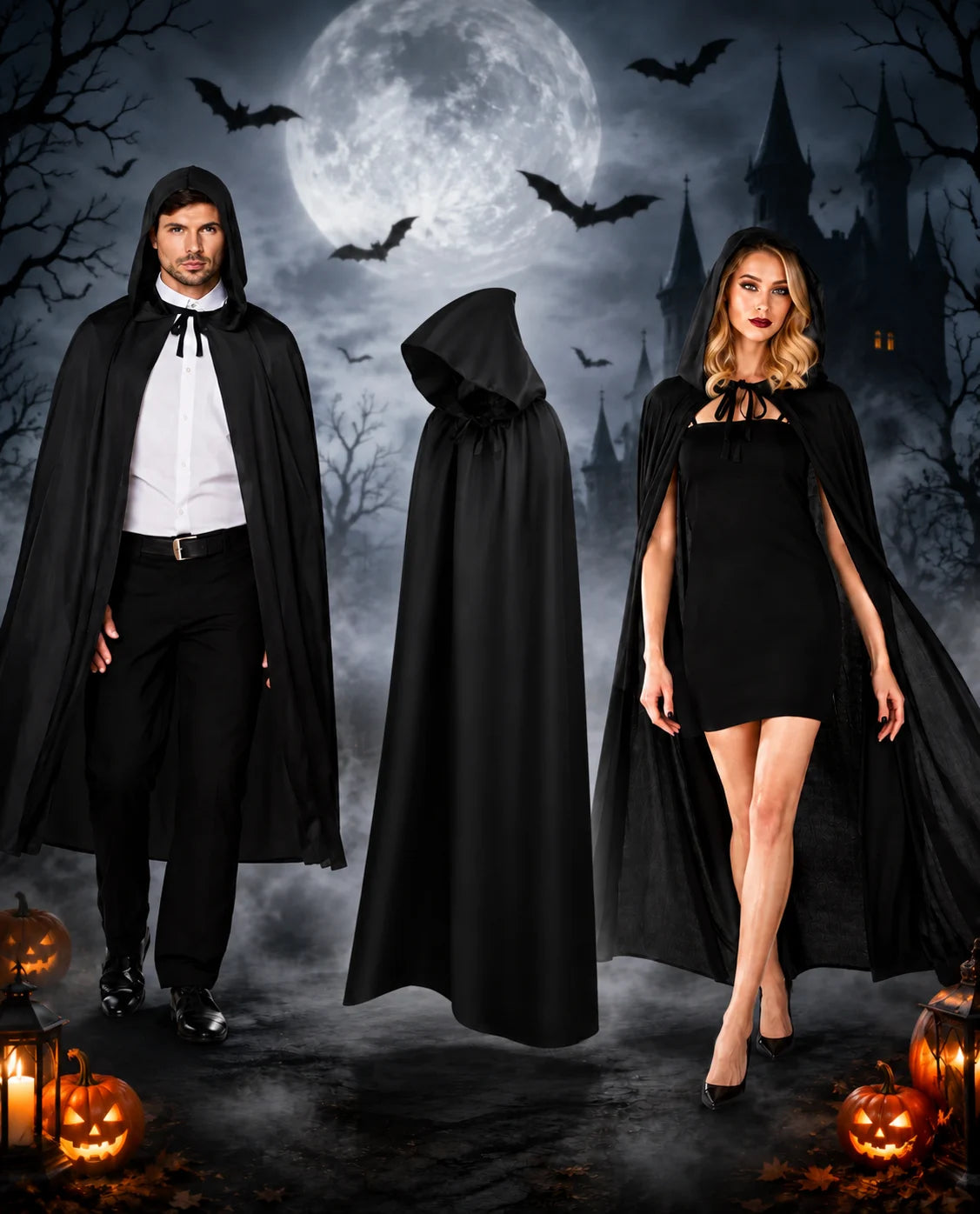 Halloween Umhang Schwarz mit Kapuze 120cm Cape Kostüm Vampir Hexe Verkleidung