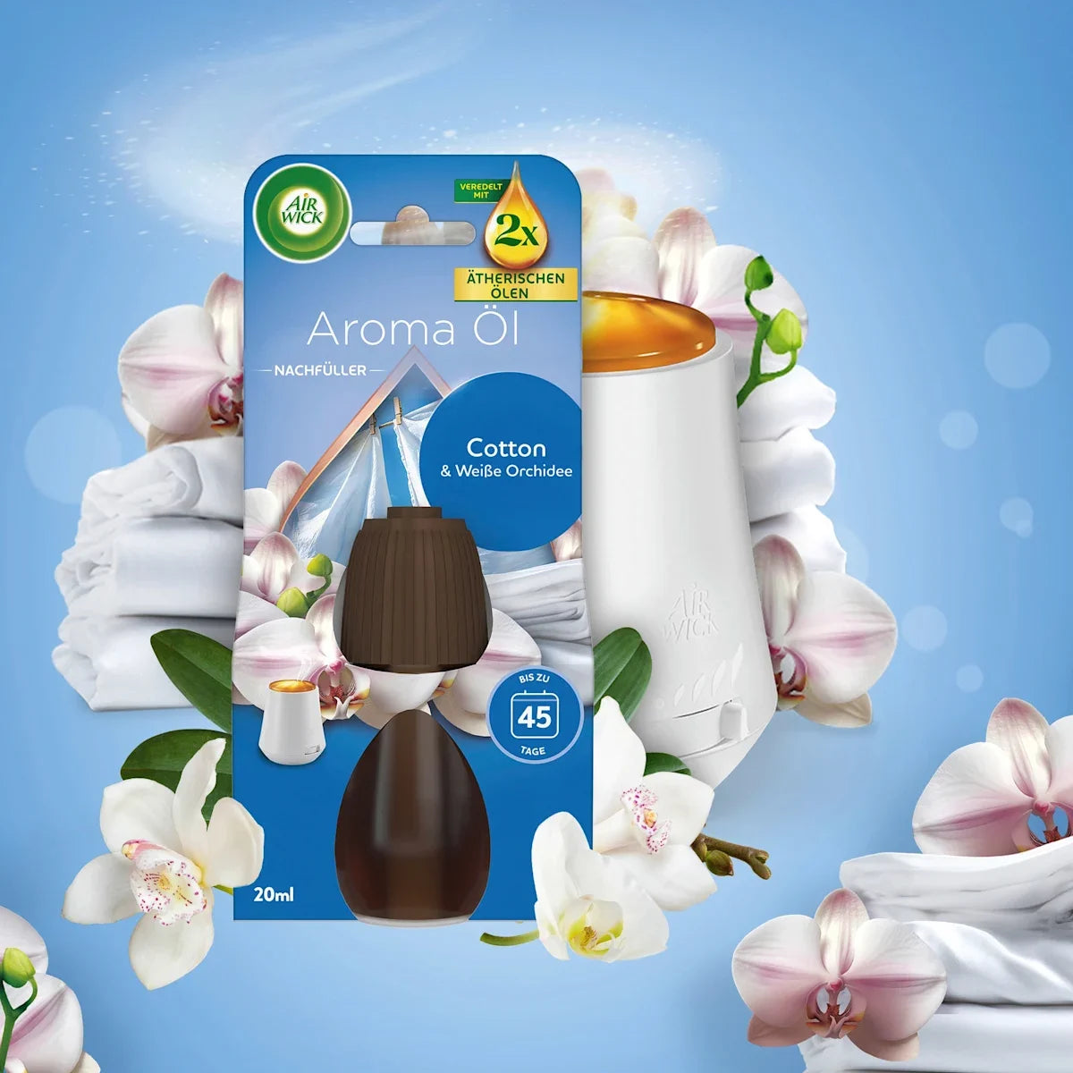 Air Wick Aroma-Öl Starterset Cotton & Weiße Orchidee – Lufterfrischer mit regulierbarer Duftintensität