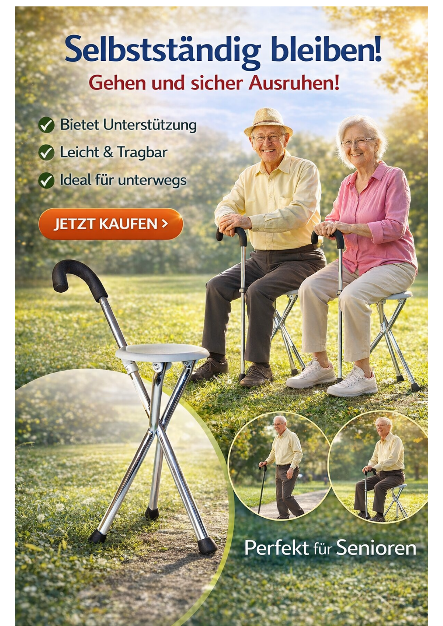 2er Set Einstellbarer Gehstock mit Sitz – Leichte Aluminium Gehhilfe für Senioren