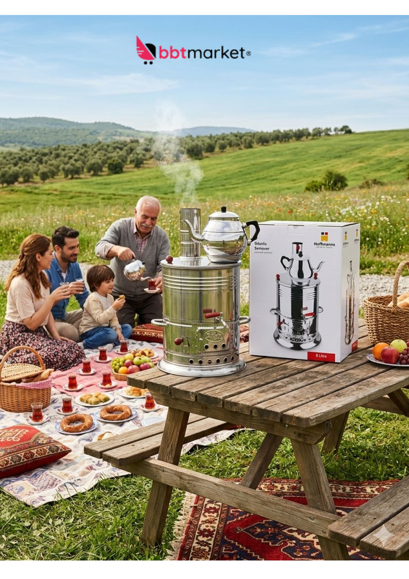 Holzkohle Samowar Edelstahl Semaver Teekocher mit Teekanne für Garten & Camping