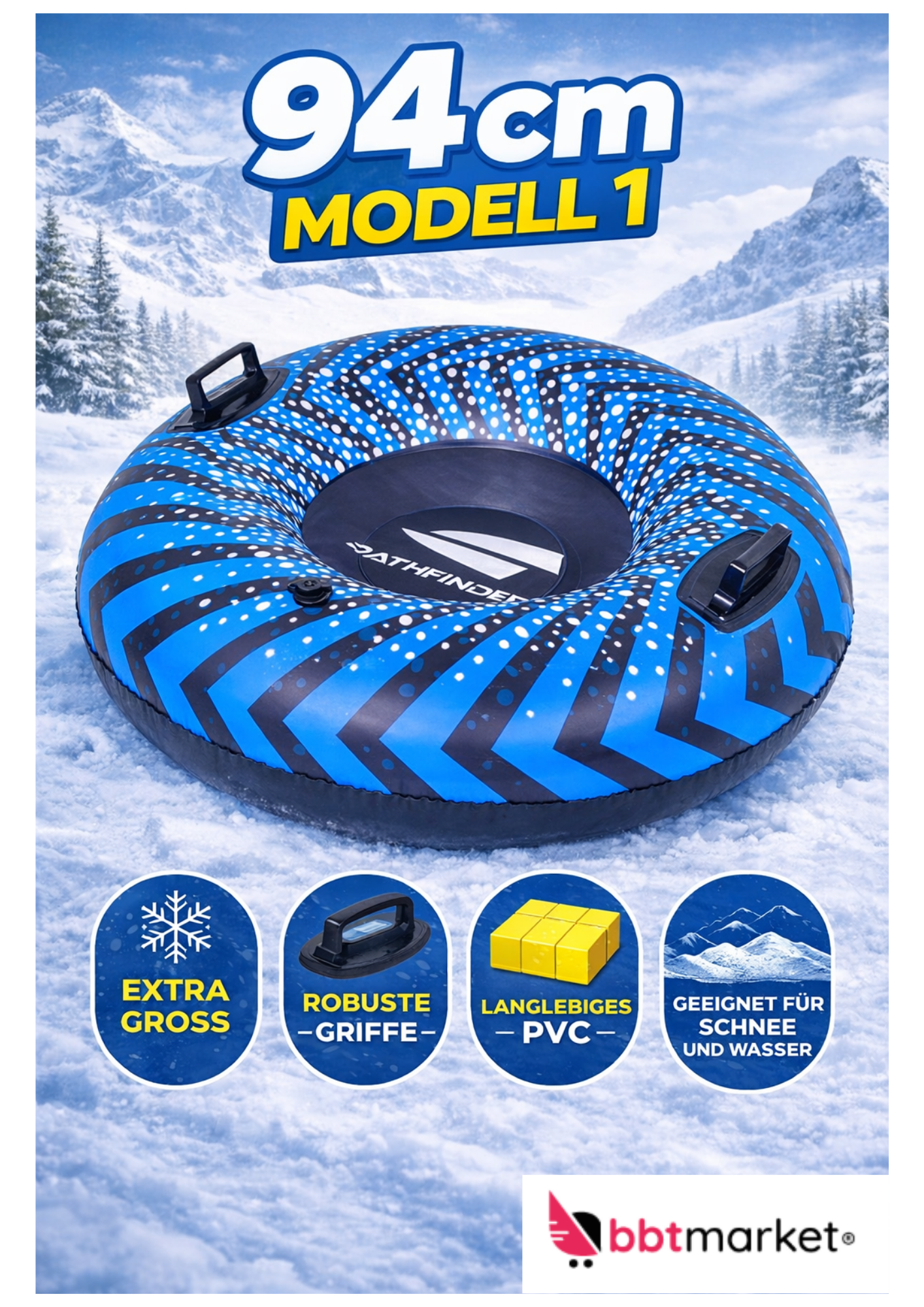 Snow Tube Aufblasbar Schneereifen mit Griffen Schwimmring für Schnee & Wasser