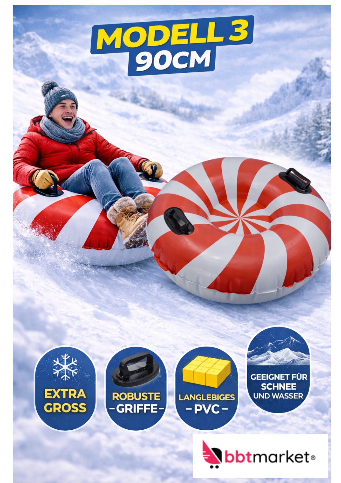 Snow Tube aufblasbar – Schneereifen mit Griffen für Kinder & Erwachsene
