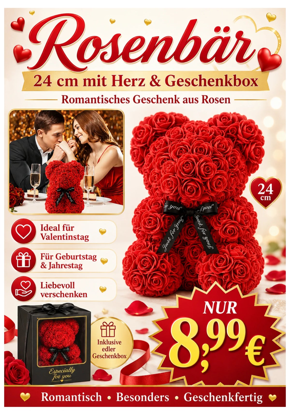 Rosenbär 24 cm mit Herz & Geschenkbox romantisches Geschenk aus Rosen Teddy