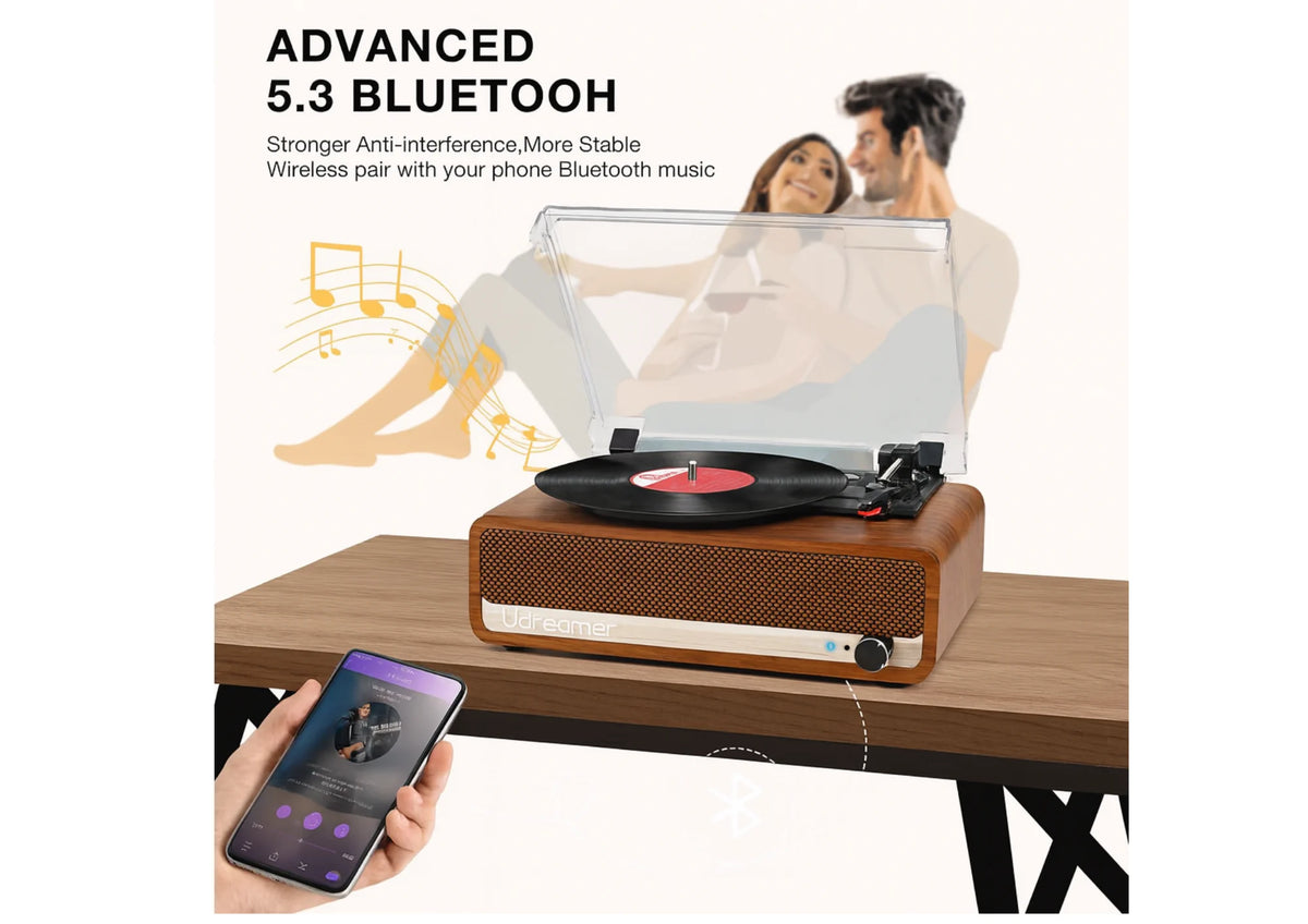Bluetooth Vinyl Plattenspieler mit Lautsprechern – Retro Schallplattenspieler mit 3 Geschwindigkeiten & AUX/RCA