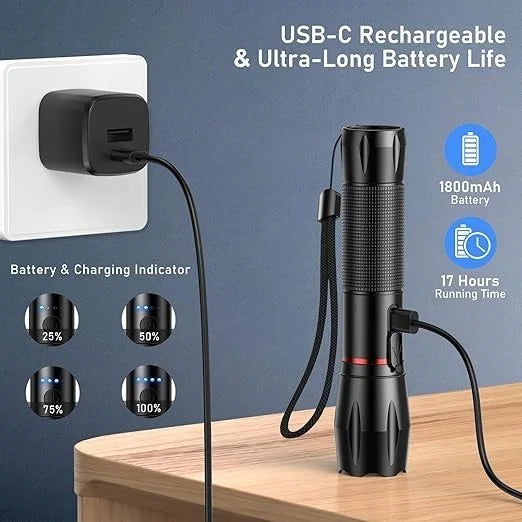 LED Taschenlampe 2000 Lumen mit USB-C Akku – Zoom, 5 Lichtmodi, IPX6 & Akkuanzeige für Camping und Outdoor