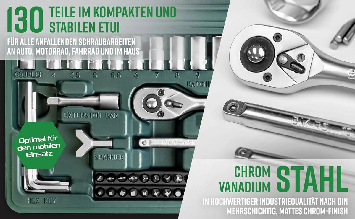 Brüder Mannesmann Steckschlüssel- & Bitsatz 130-teilig – Werkzeugkoffer mit Ratsche, Stecknüssen und 100 Bits
