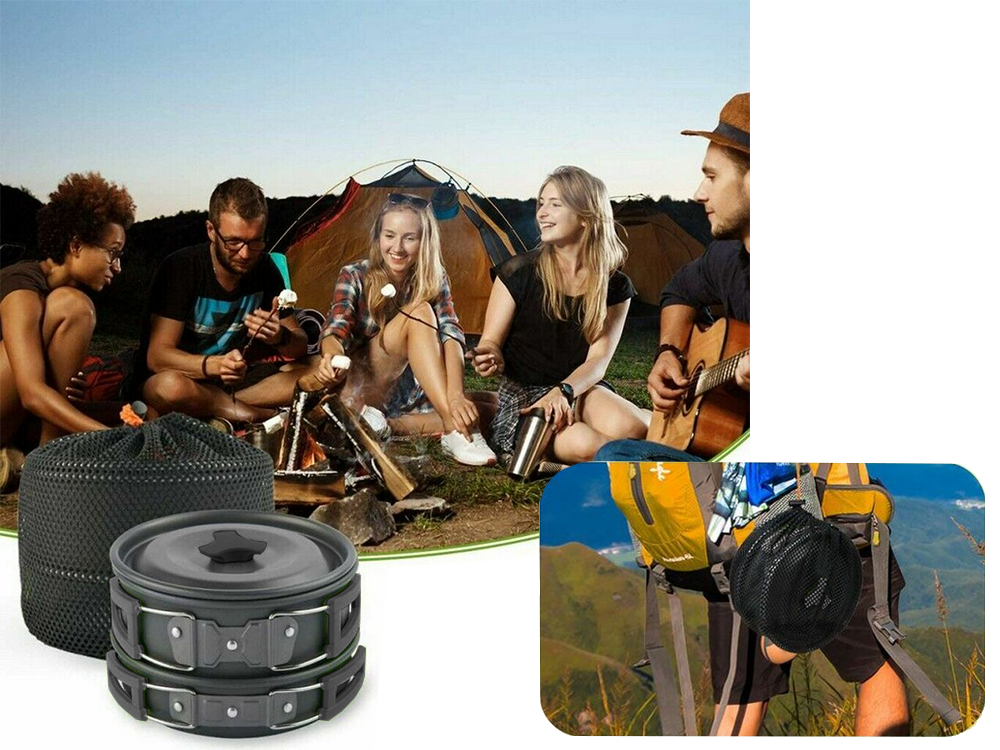 Camping Kochgeschirr Set für 2–3 Personen – Outdoor Töpfe, Pfanne & Kessel 11-teilig