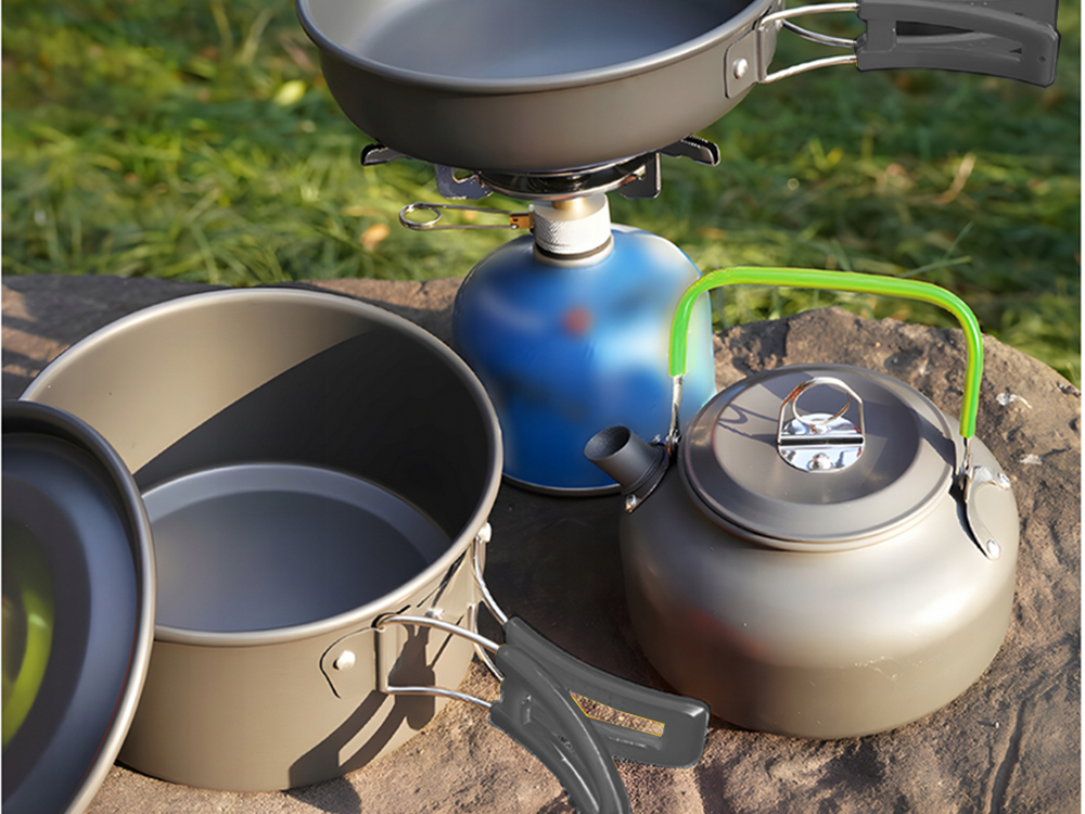 Camping Kochgeschirr Set für 2–3 Personen – Outdoor Töpfe, Pfanne & Kessel 11-teilig