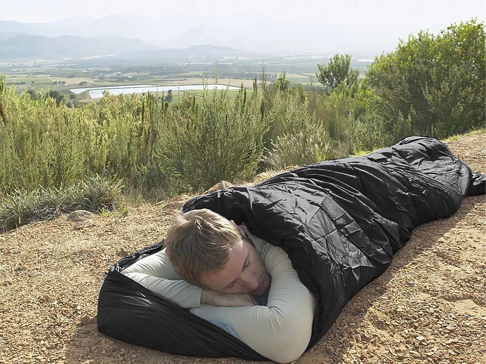 Camping Schlafsack 205cm Schwarz mit Kapuze Packsack Reise Outdoor Schlafsack