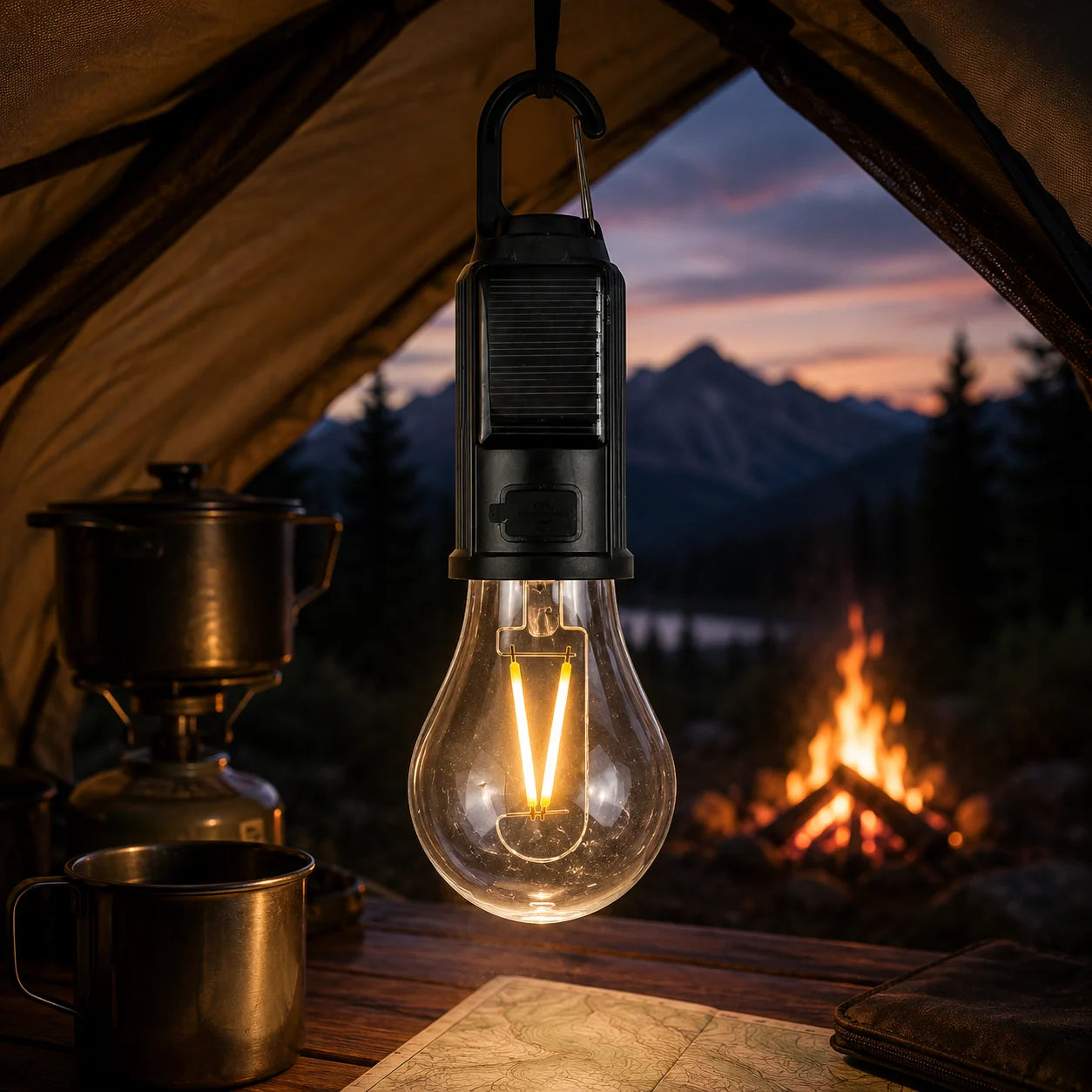 Campinglampe Solar LED USB Wiederaufladbar Karabiner Wasserdicht 3 Lichtmodi