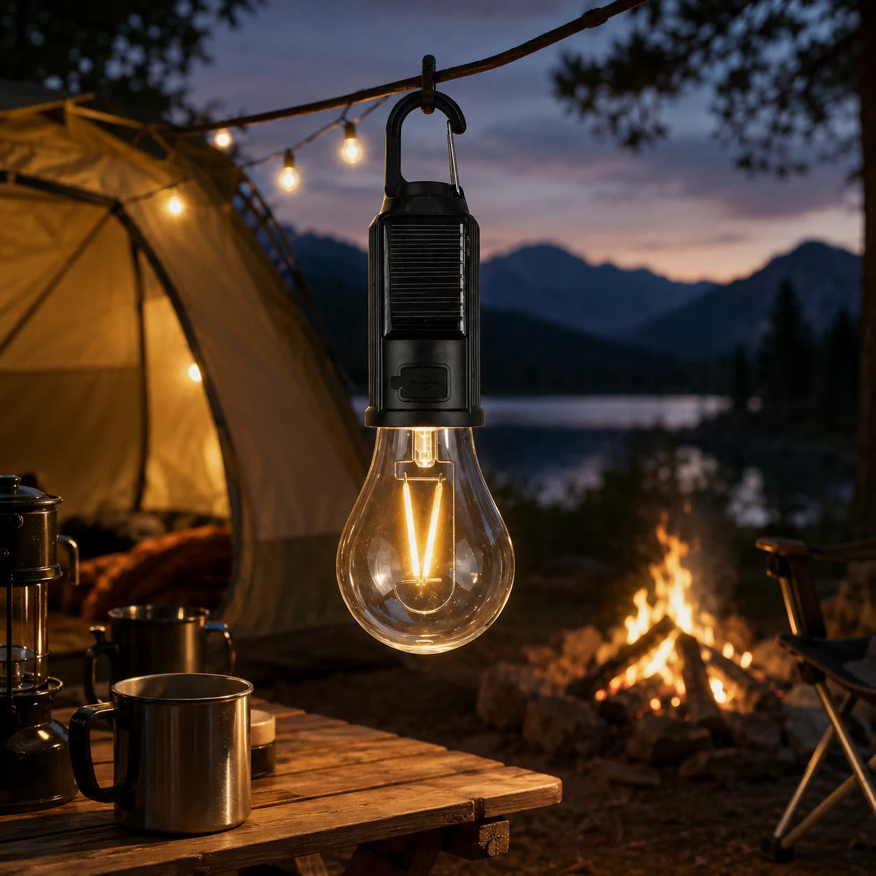 Campinglampe Solar LED USB Wiederaufladbar Karabiner Wasserdicht 3 Lichtmodi