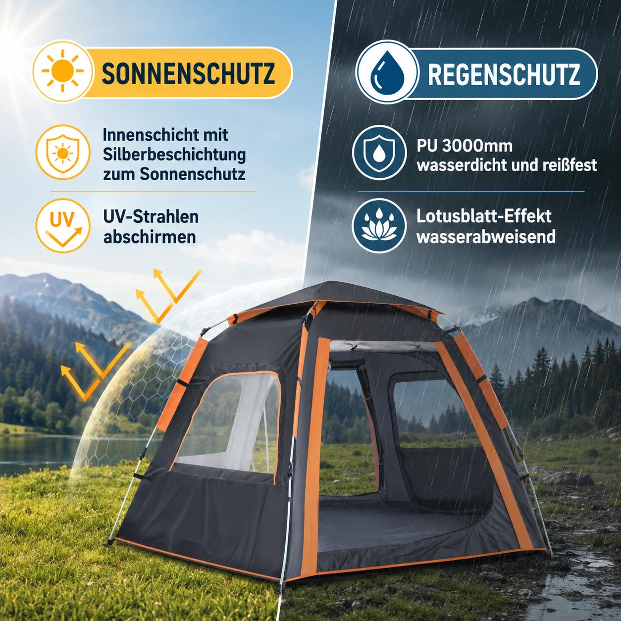Campingzelt 4 Personen Pop Up Wurfzelt Automatik Kuppelzelt Wasserdicht