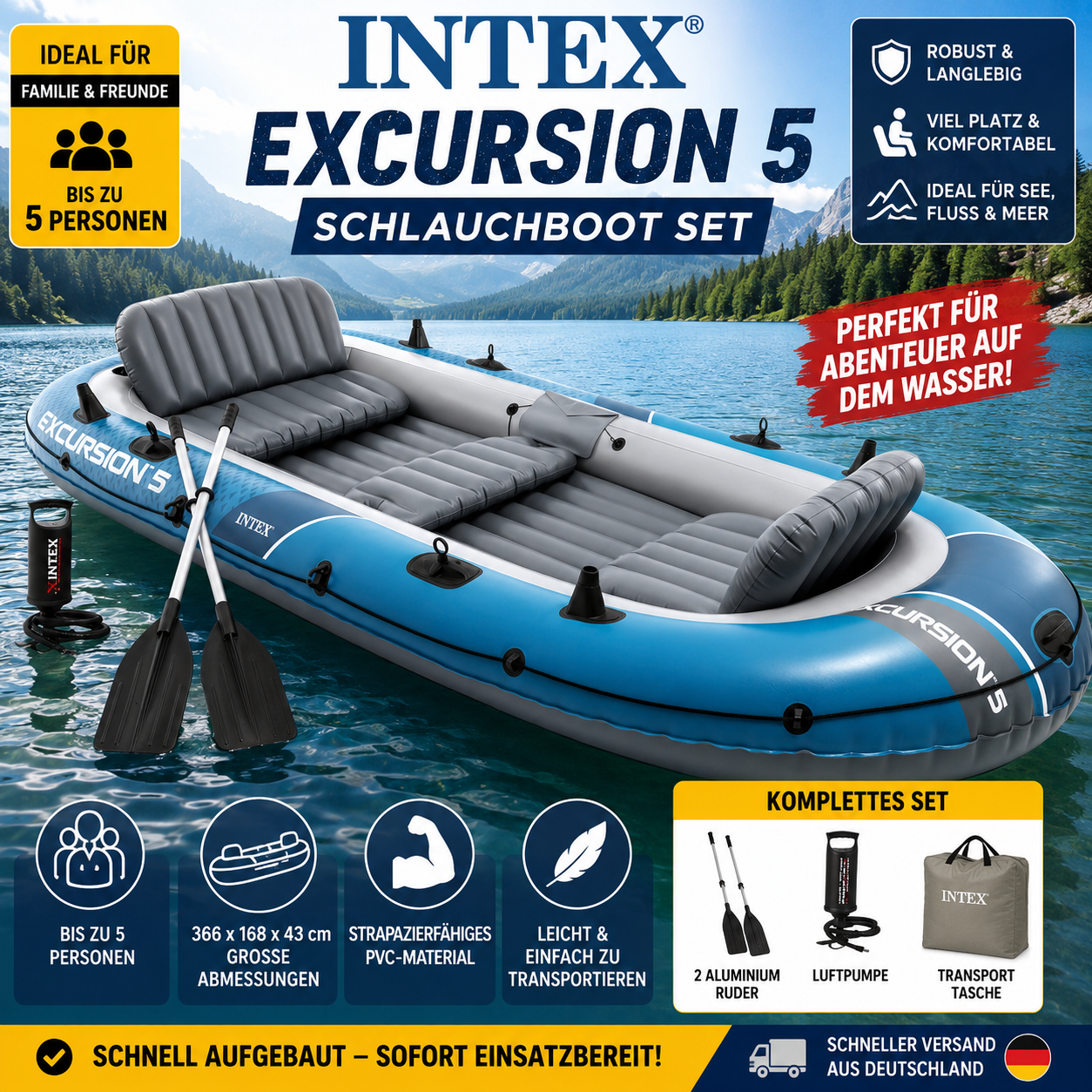 Intex Excursion 5 Schlauchboot Set für 5 Personen mit Aluminiumrudern und Luftpumpe 366 x 168 x 43 cm