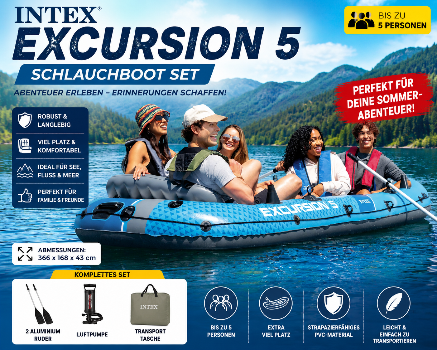 Intex Excursion 5 Schlauchboot Set für 5 Personen mit Aluminiumrudern und Luftpumpe 366 x 168 x 43 cm